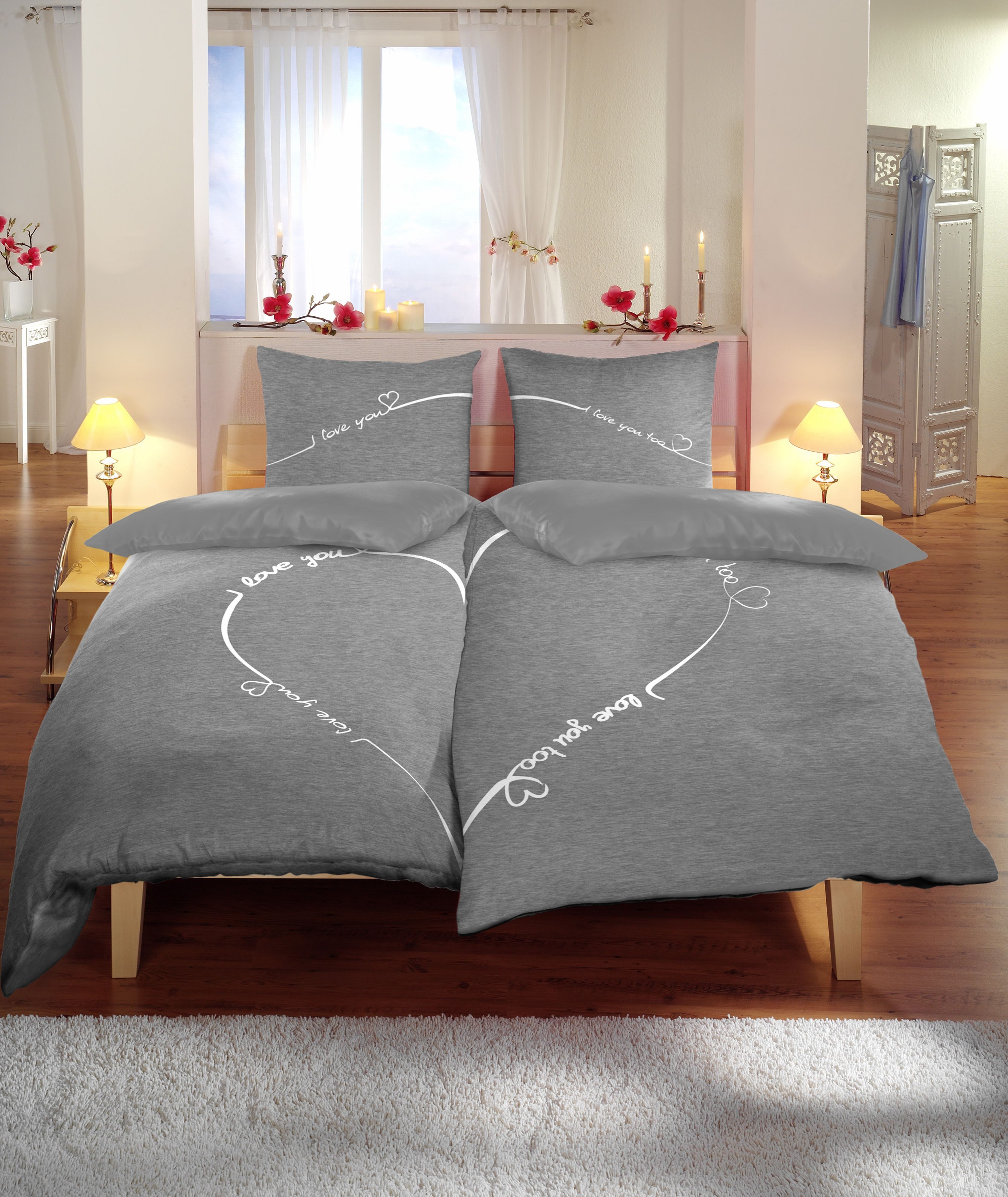 One Home Bettwäsche Fotodruck, Mikrofaser, 4 teilig, Partner Herzen Loveyou meliert Knitterfrei Weich für Sommer und Winter – Bild 3 von 5