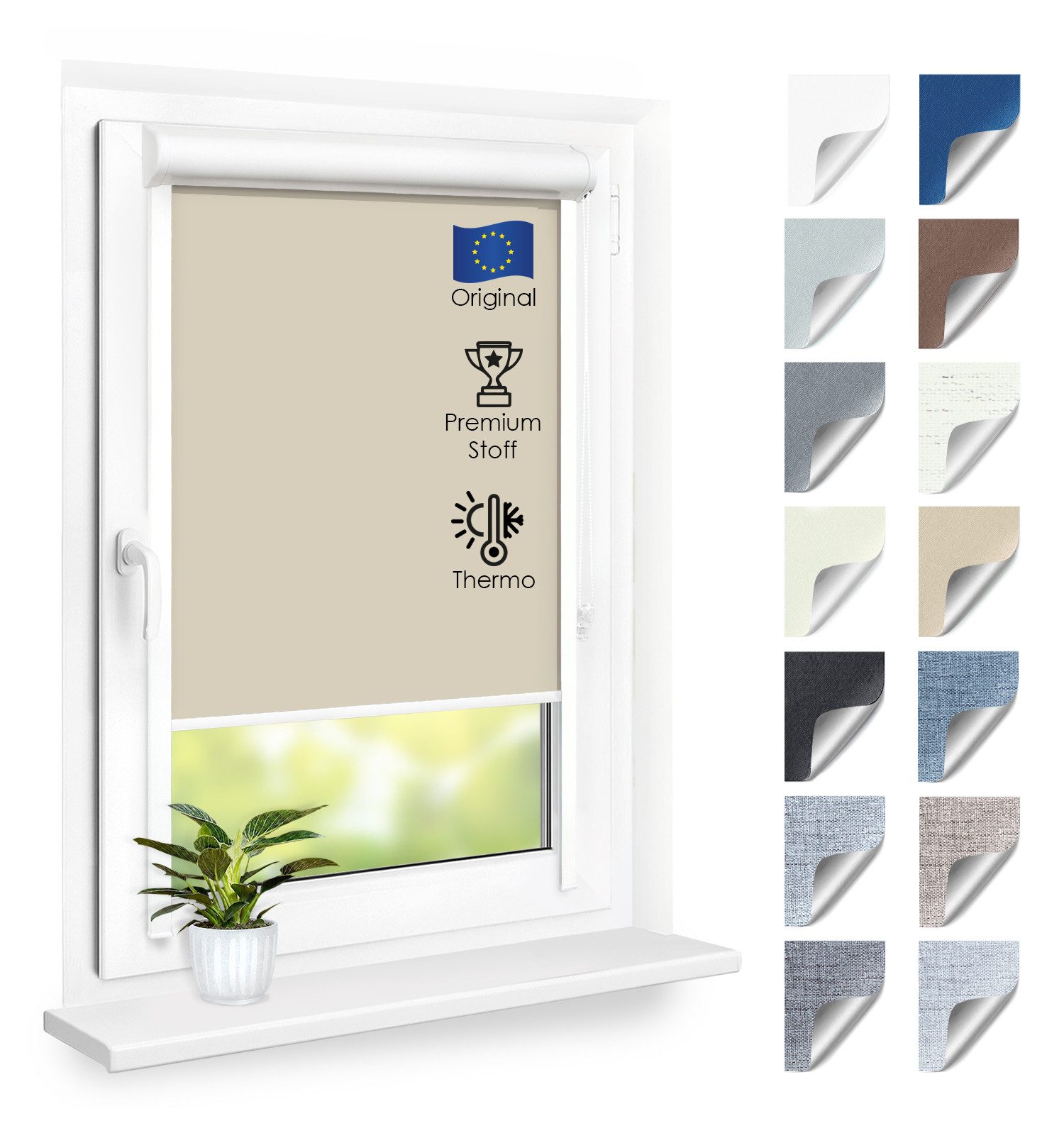 Rollo Premium Blackout Thermo Kassettenrollo mit Seitenführung, DomDeco, blickdicht, ohne Bohren, zum Kleben oder Schrauben