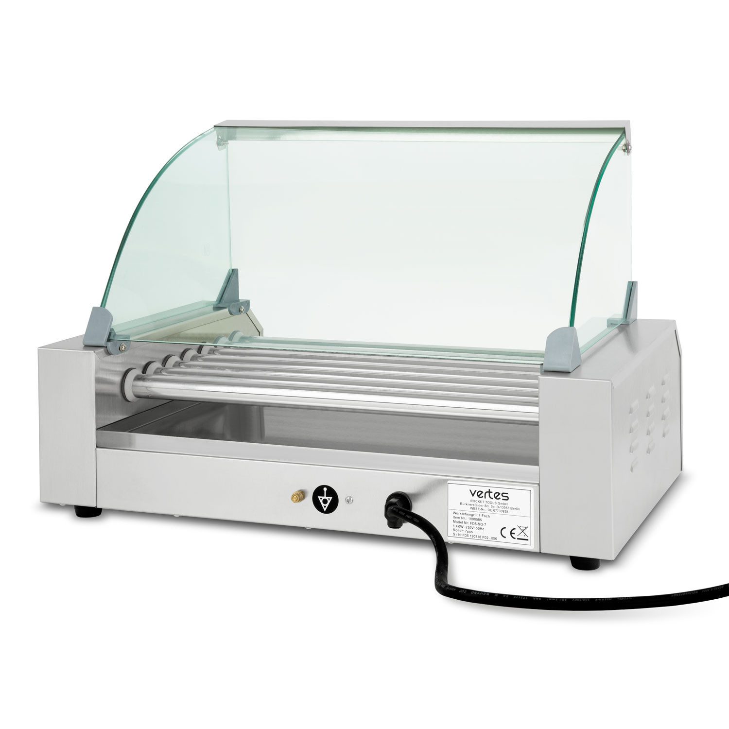 vertes Hotdog-Maker mit 7 Walzen und 2 Heizzonen, aus Edelstahl, Elektrisch mit, 1400 W, Profi Würstchen Grill mit Glasabdeckung Auffangschale 50-250°C Temp