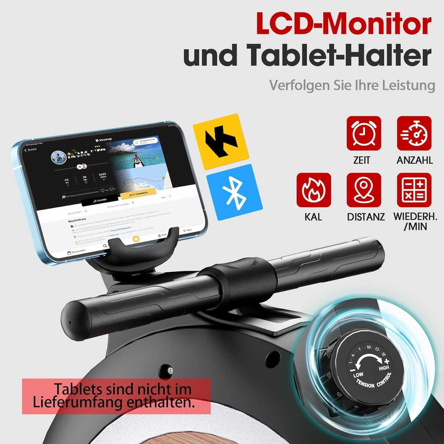 Wenoker Rudergerät Magnetisches Rudergerät mit Bluetooth-App und 16 Widerstandsstufen (Spar-Set, Montagewerkzeug, Rudergerät, Tablet-Halterung, LCD-Display), 16 Widerstandsstufen, App‑Verbindung, leises Magnetwiderstandssystem