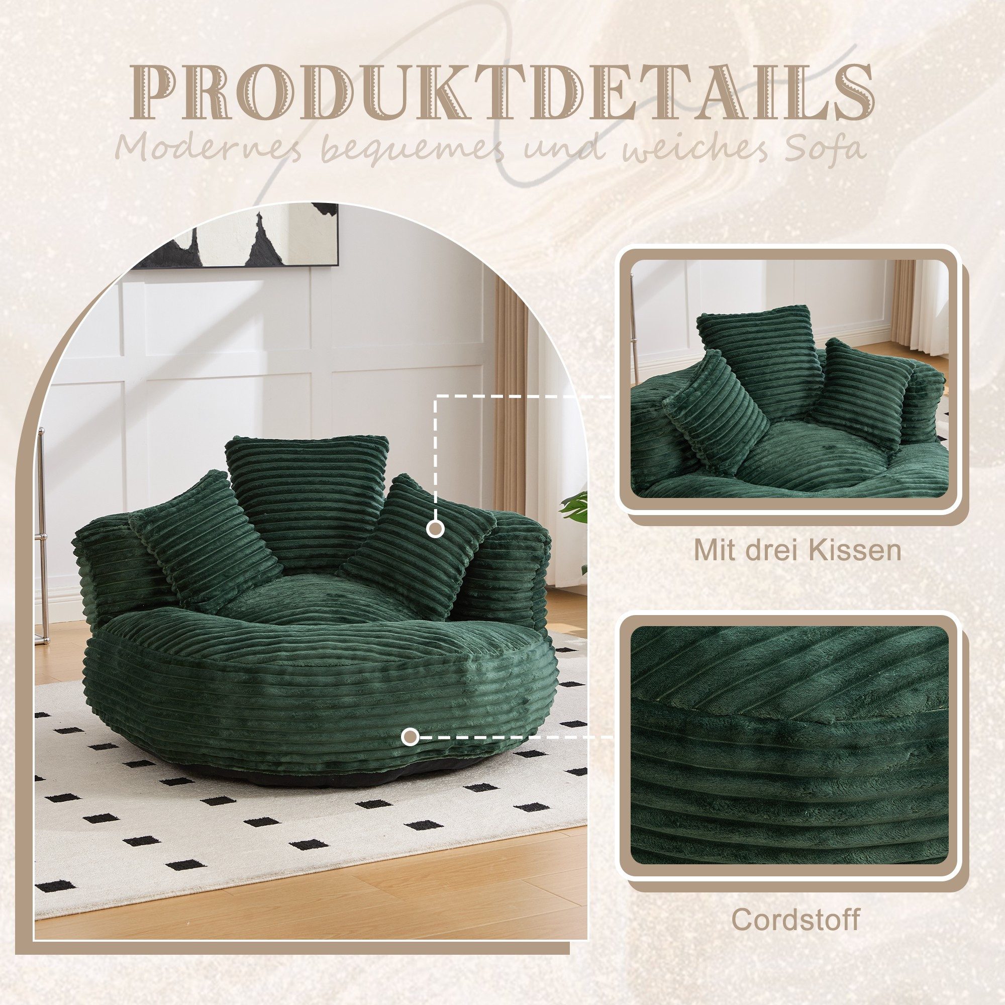 BlingBin Sitzsack Cordstoff-Sofa, Lazy Sofa (Sofa, 1 St., 108 x 108 x 52 cm), Mit drei Kissen, für Erwachsene und Kinder gleichermaßen geeignet