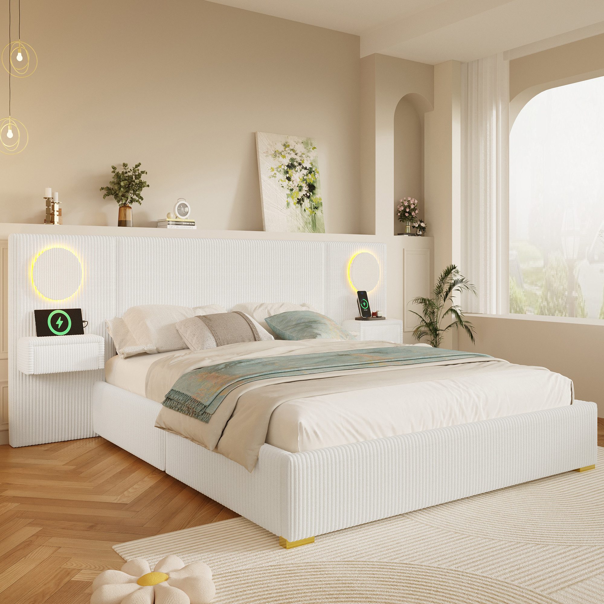 Flieks Polsterbett, Doppelbett 180x200cm mit LED-Licht, USB-Anschlüssen, 2 Nachttische