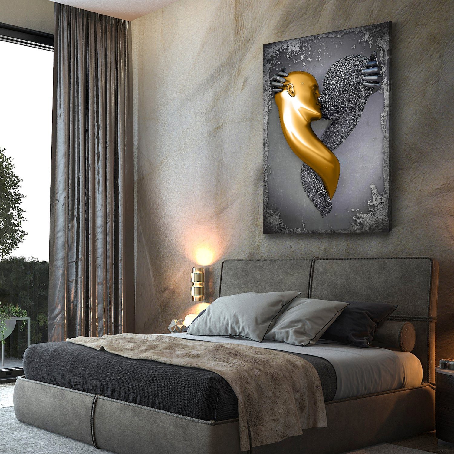 Artedinoi Leinwandbild Metallfigur Kiss Abstrakt Leinwandbild Wandbild Kunst Deko XL