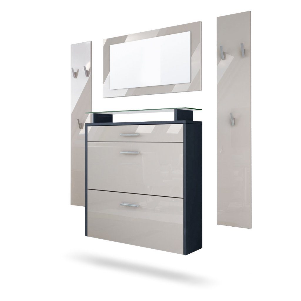 Vladon Garderoben-Set Malea, (Garderobenset bestehend aus 1 Hängeschuhschrank, 1 Wandspiegel und 2 Garderobenpaneele), Anthrazit matt/Sandgrau Hochglanz