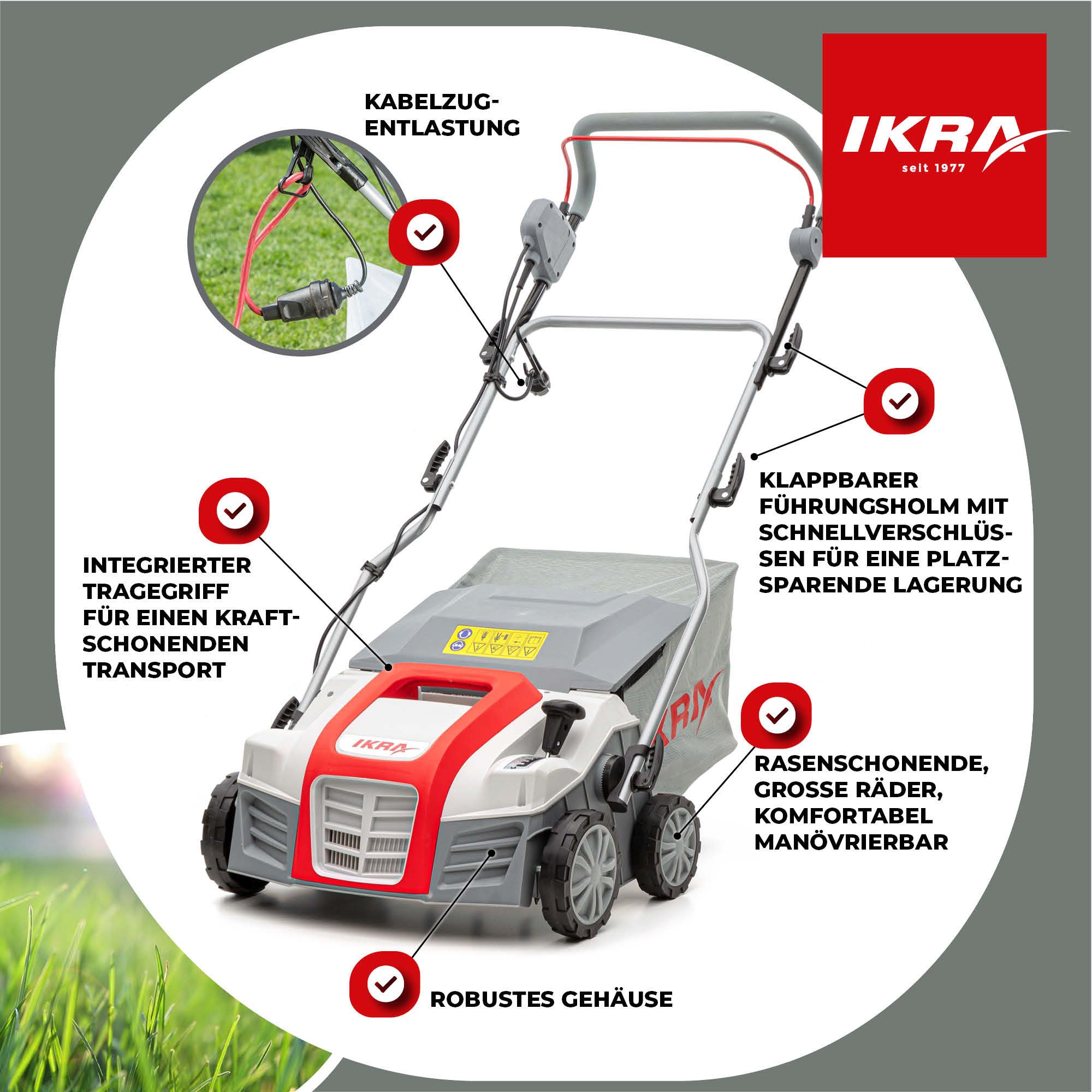 ikra GmbH Elektro-Vertikutierer IEVL 1840, 40 cm Arbeitsbreite, (inkl. Walzen & 55l Fangkorb), 2in1 Gerät, 1.800 Watt, werkzeugloser Walzenwechsel