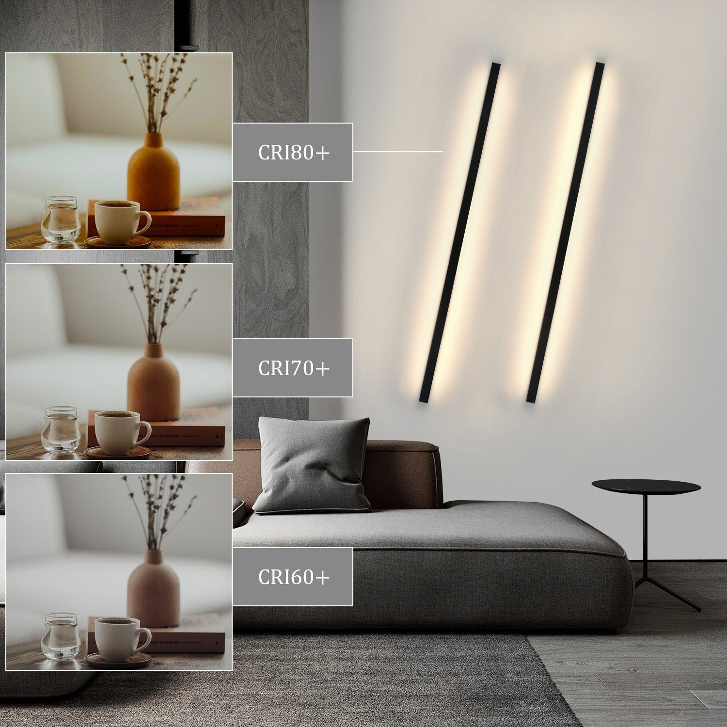 ZMH LED Wandleuchte Innen Schwarz 60/80/100CM Wandlampe 3000K Modern Flur Schlafzimmer, Hochwertige Material, Warmweiß, Schwarze Bettlampe Wandbeleuchtung für Treppenhaus