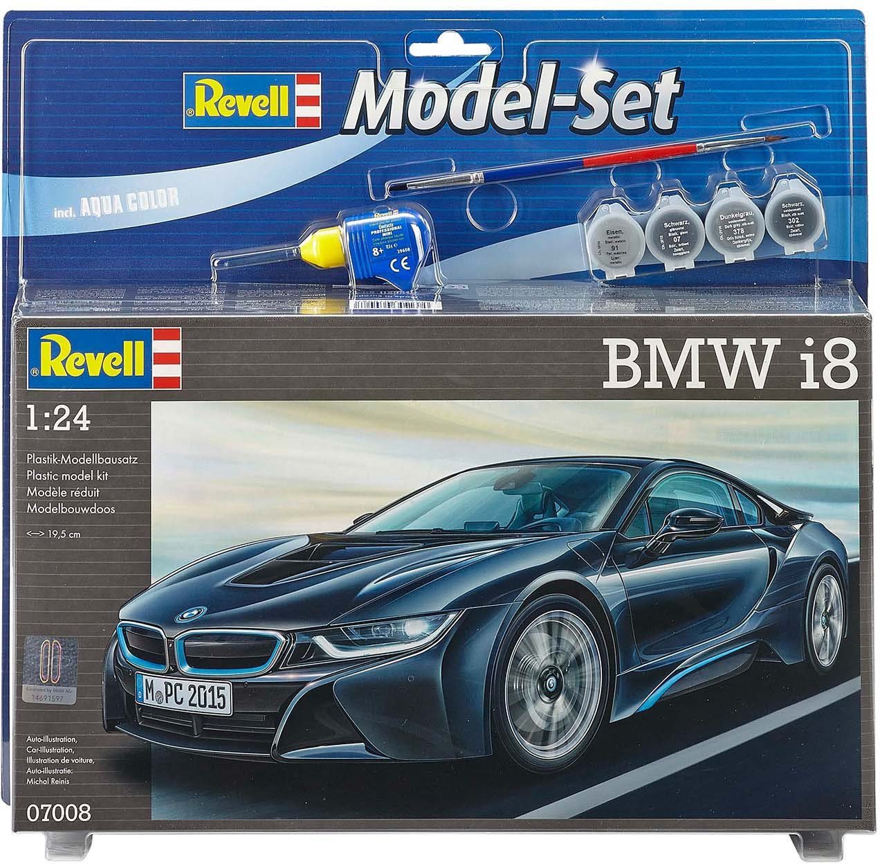 Revell® Modellbausatz Model Set BMW i8, Maßstab 1:24, Made in Europe,  Modell Set mit Zubehör