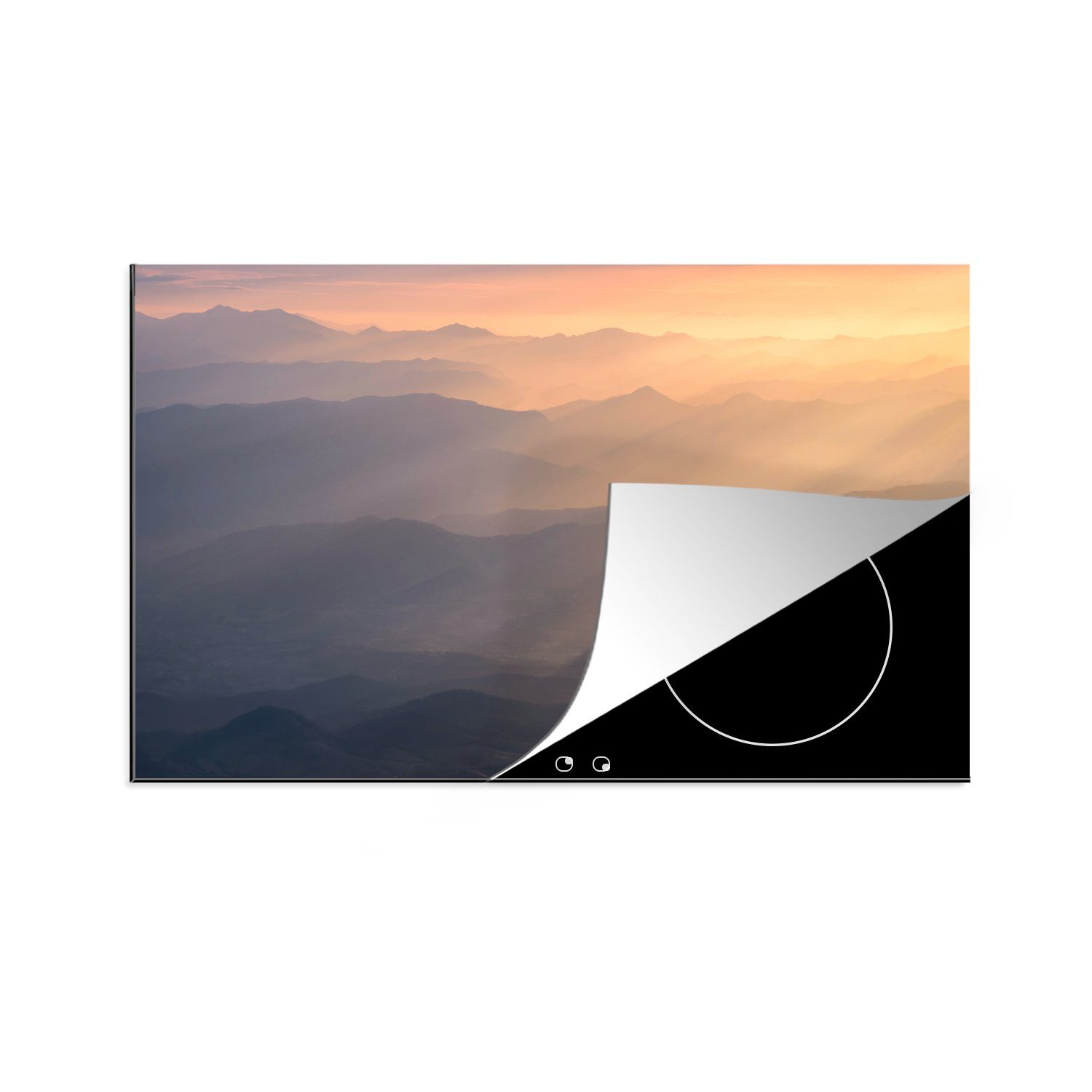 MuchoWow Herdblende-/Abdeckplatte Sonnenstrahlen auf den Silhouetten der Berge, Vinyl, (1 tlg), 83x51 cm, Ceranfeldabdeckung, Arbeitsplatte für küche