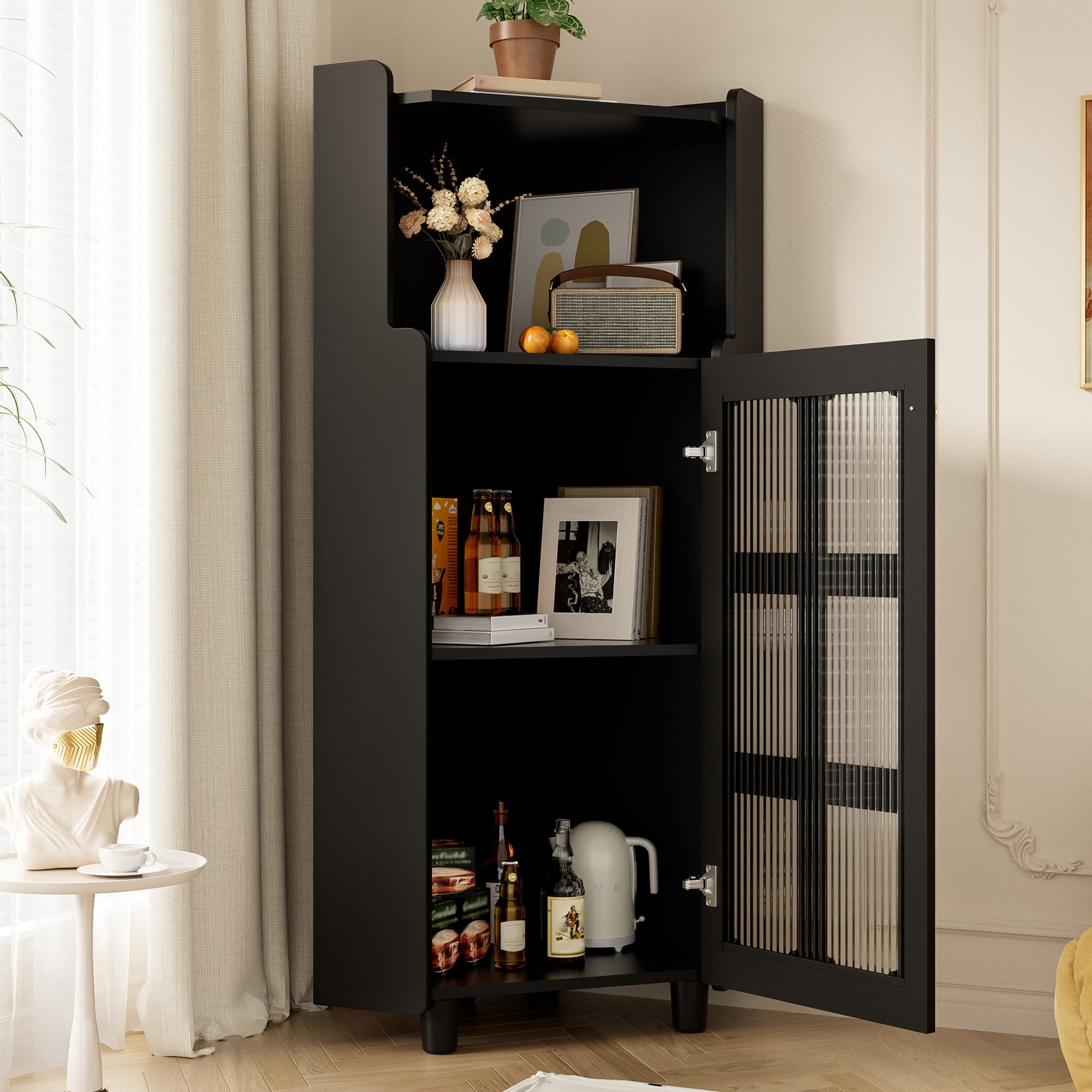 Celya Vitrine Eck-Schrank mit Lackoberfläche & LED-Beleuchtung (63.5*124 cm, Schwarz, für Wohnzimmer, Bücherregal, Badezimmer) Moderne Eck-Kommode mit App-Steuerung
