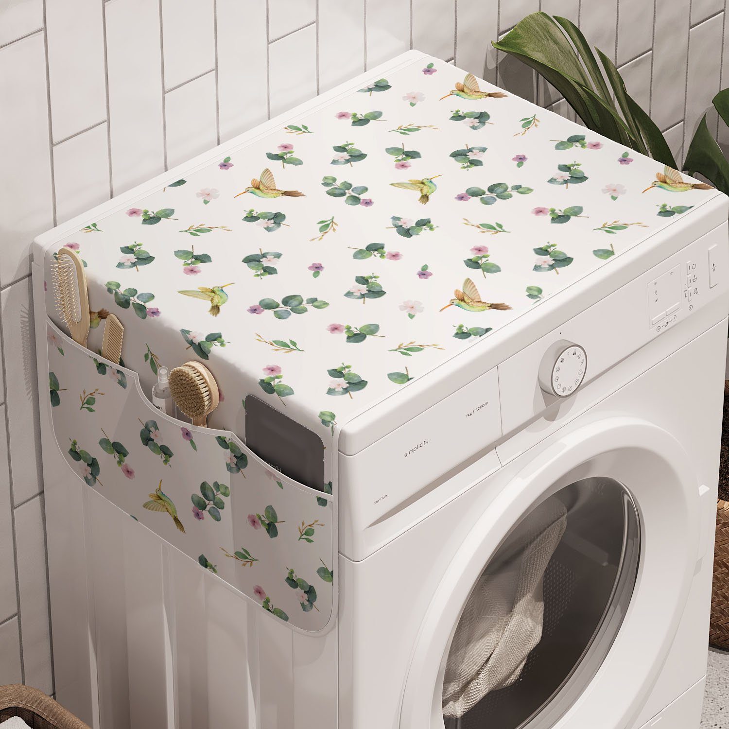 Abakuhaus Badorganizer Anti-Rutsch-Stoffabdeckung für Waschmaschine und Trockner, Kolibri Blumenpflanzen Vögel