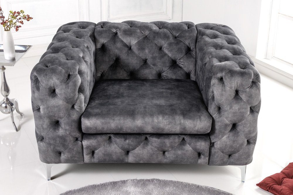 riess-ambiente Chesterfield-Sessel MODERN BAROCK 120cm dunkelgrau · Samt-Sessel mit Federkern-Polsterung (Einzelartikel, 1-St), Chesterfield · Ziersteppung · Rundum-Bezug · Lesesessel · Metallfüße