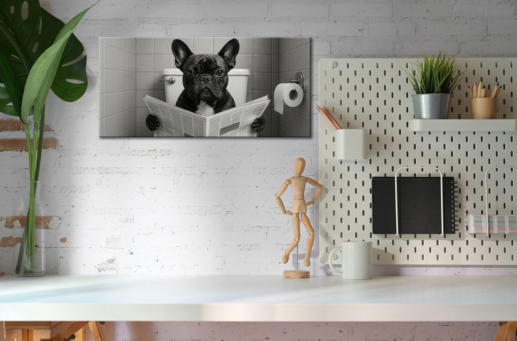Bönninghoff Bild Wandbild WC HUND 33x70 cm – Leinwandbild Keilrahmen Deko modern, Humor, Hund, Hundebilder, auf Keilrahmen gespannt