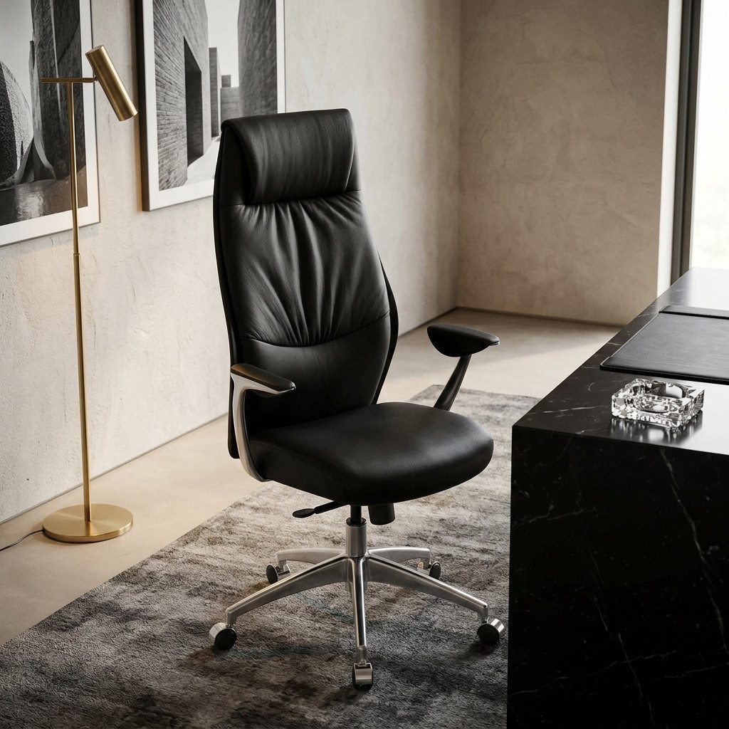 KADIMA DESIGN Chefsessel Bürostuhl Echtleder Schwarz Schreibtischstuhl X-XL 120kg (Synchronmechanik Chefsessel Kopfstütze hoch)