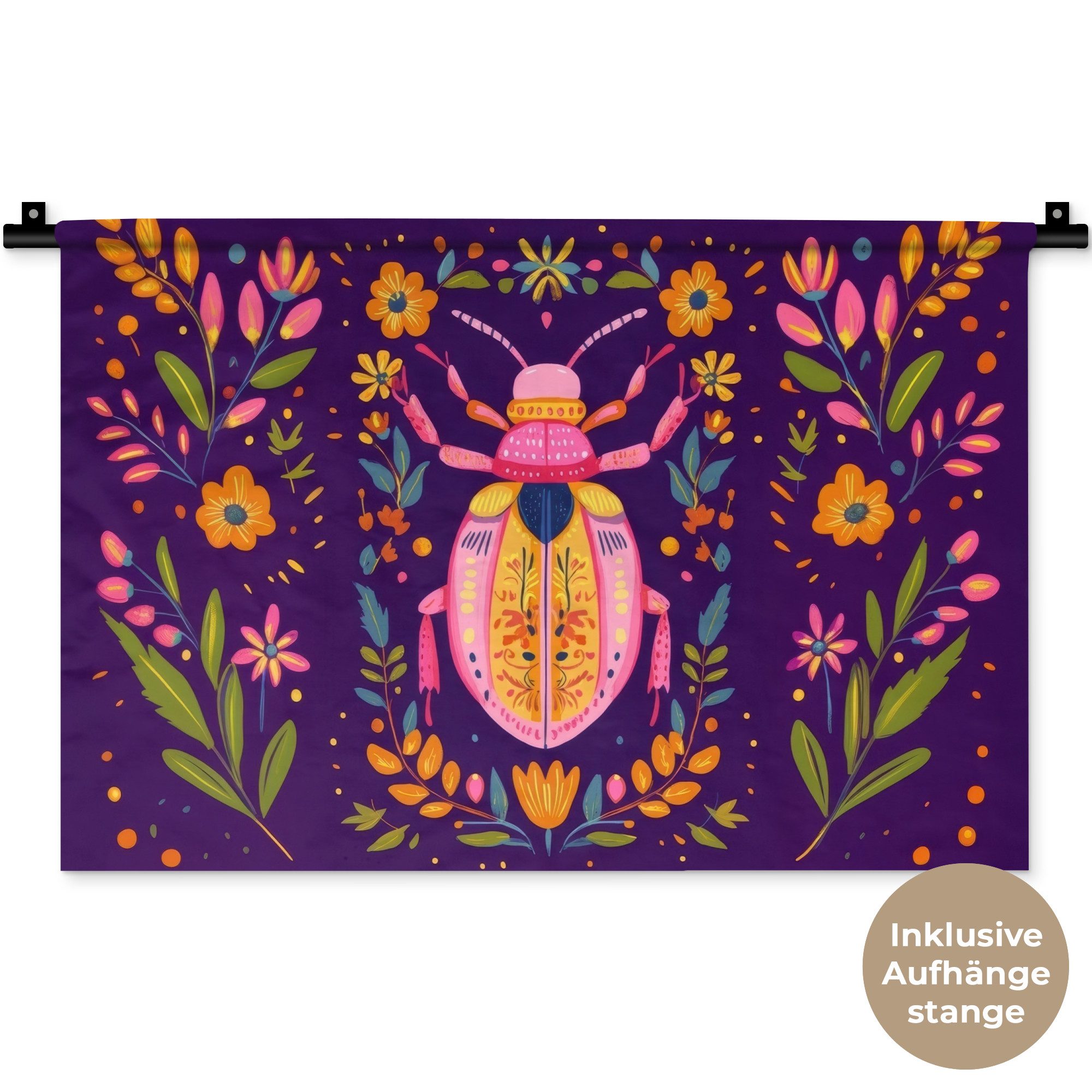 MuchoWow Wandteppich Käfer - Leuchtend bunt - Blüten - Blätter, Rechteckig, Höhe: 3 mm, Wandteppich für Wohnzimmer, Schlafzimmer, 60x40 cm
