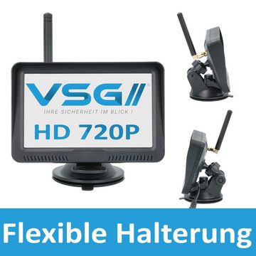 VSG24 5" FUNK-Set PREMIUM ONE HD für PKW Nummernschild inkl. Monitor, 2x Rückfahrkamera (Einfache Montage 12-24V CAN-BUS Ready 2.4GHz digital Funk SPLITSCREEN)