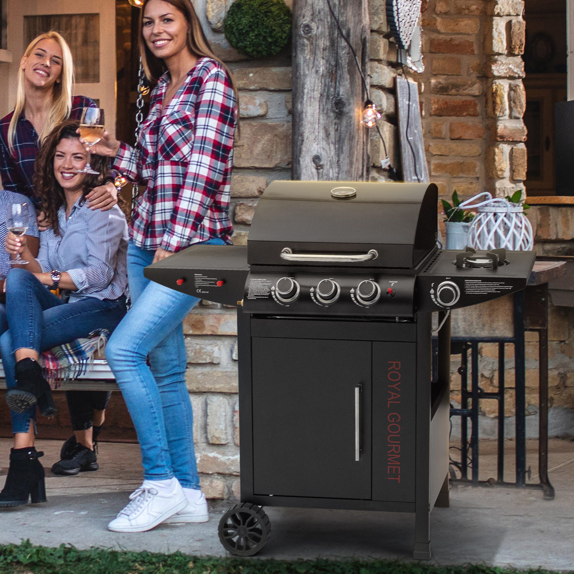 Royal Gourmet Gasgrill mit 3+1 Brennern, 11,5 kW Leistung, Rollwagen-Design mit Thermometer, Tablett, 2 Rollen & Tür, ideal für Garten