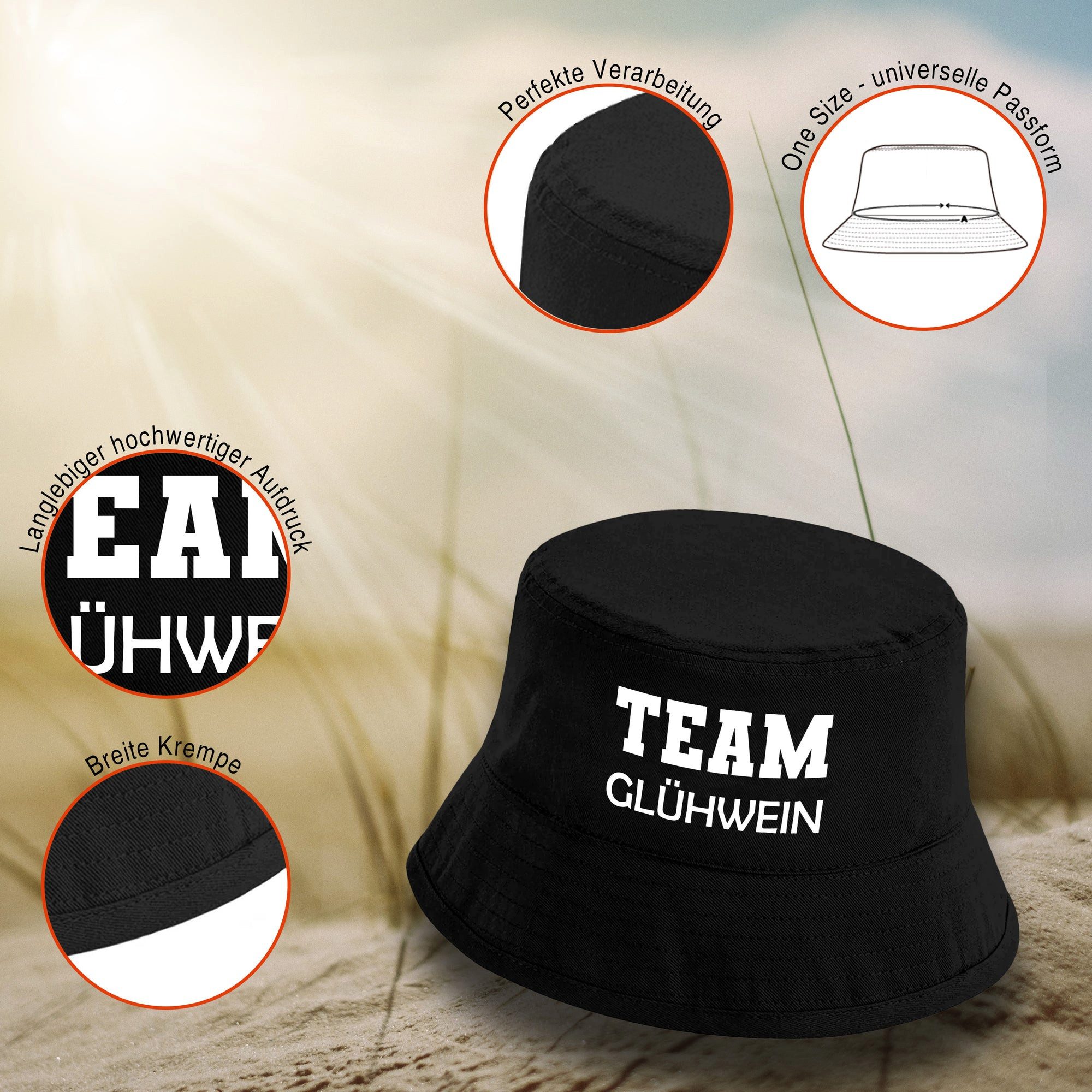 Herzbotschaft Fischerhut Team Glühwein (Unisex Einheitsgröße, Bucket Hat mit Spruch, Festivalhut, Sonnenhut) für Damen & Herren