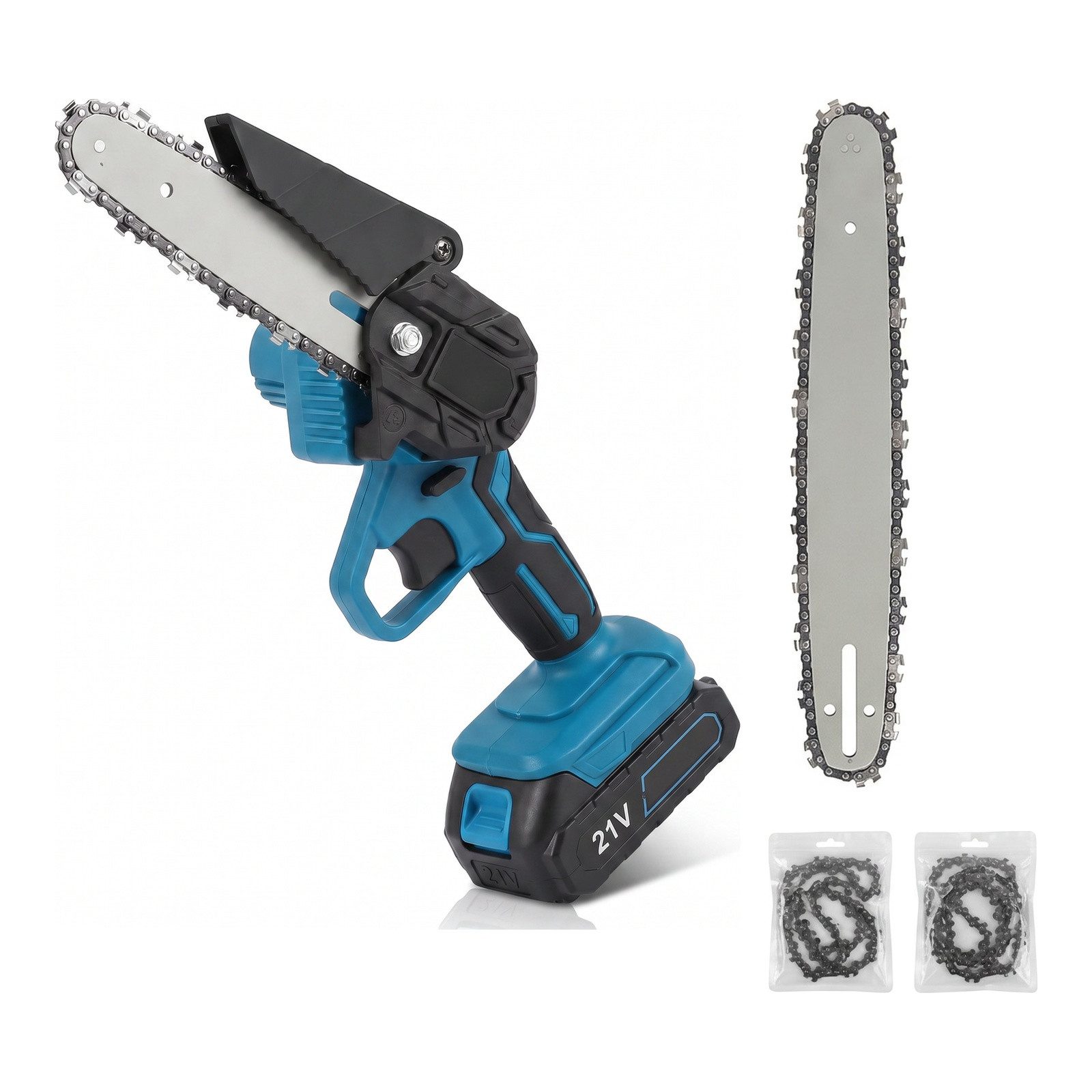 Hikey Akku-Kettensäge Mini-Kettensäge 21 V, 15 cm Schwertlänge, Set, 16-tlg., 2 Akkus 21 V, Ladegerät, Koffer, Zusatzschwert 8 Zoll + 2 Ketten, inkl. 2 Akkus 21 V und Ladegerät