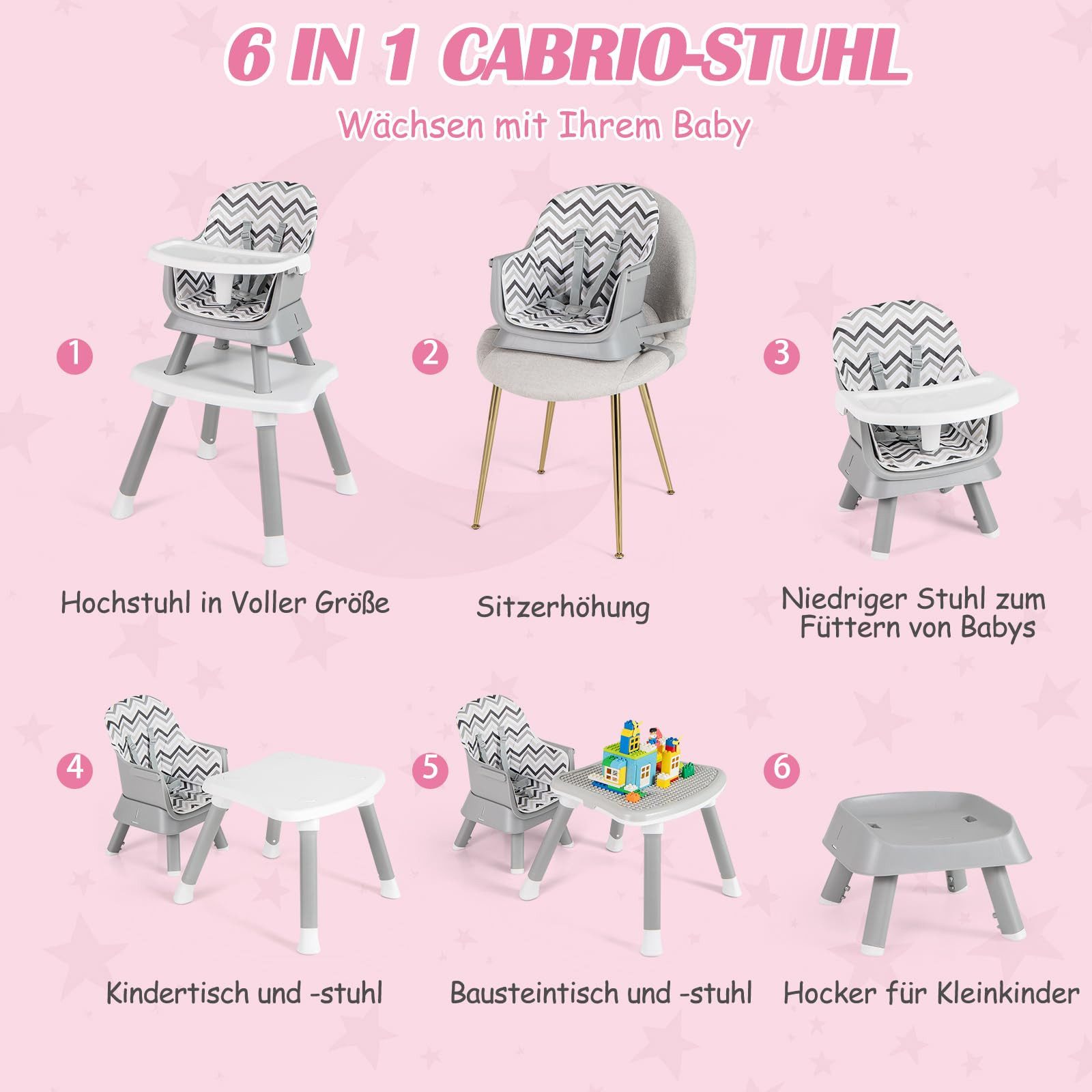 COSTWAY Hochstuhl, 6in1 Kombihochstuhl, Babystuhl, mit günstig online kaufen