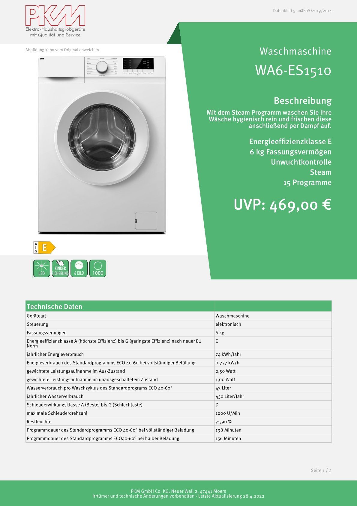 PKM Waschmaschine WA6-ES1510, 1000 U/min, Programme: Unterwäsche, Daunen, Bettwäsche, Wolle, Hygiene, Steam uvm