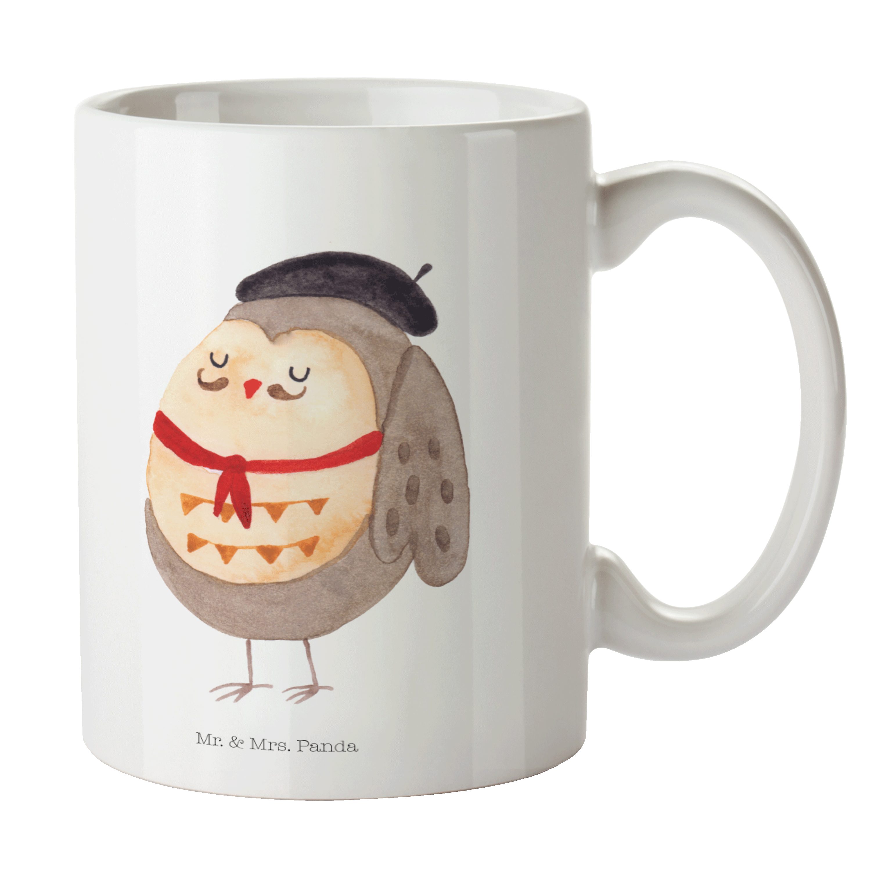 Mr. & Mrs. Panda Tasse Eule Französisch - Weiß - Geschenk, hibou, Eulen, béret, Geschenk Tas, Keramik