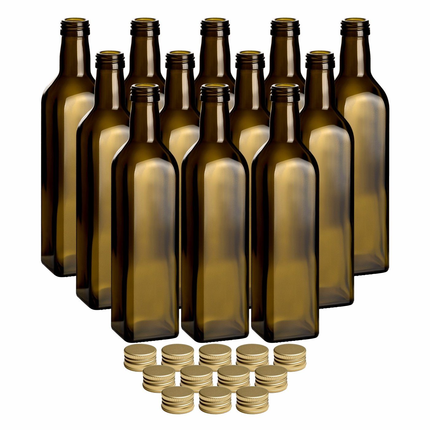 gouveo Trinkflasche Glasflaschen 500 ml Maraska -Antik- mit Schraub-Deckel - Grüne Flasche, 12er Set, goldfarben | Trinkflaschen