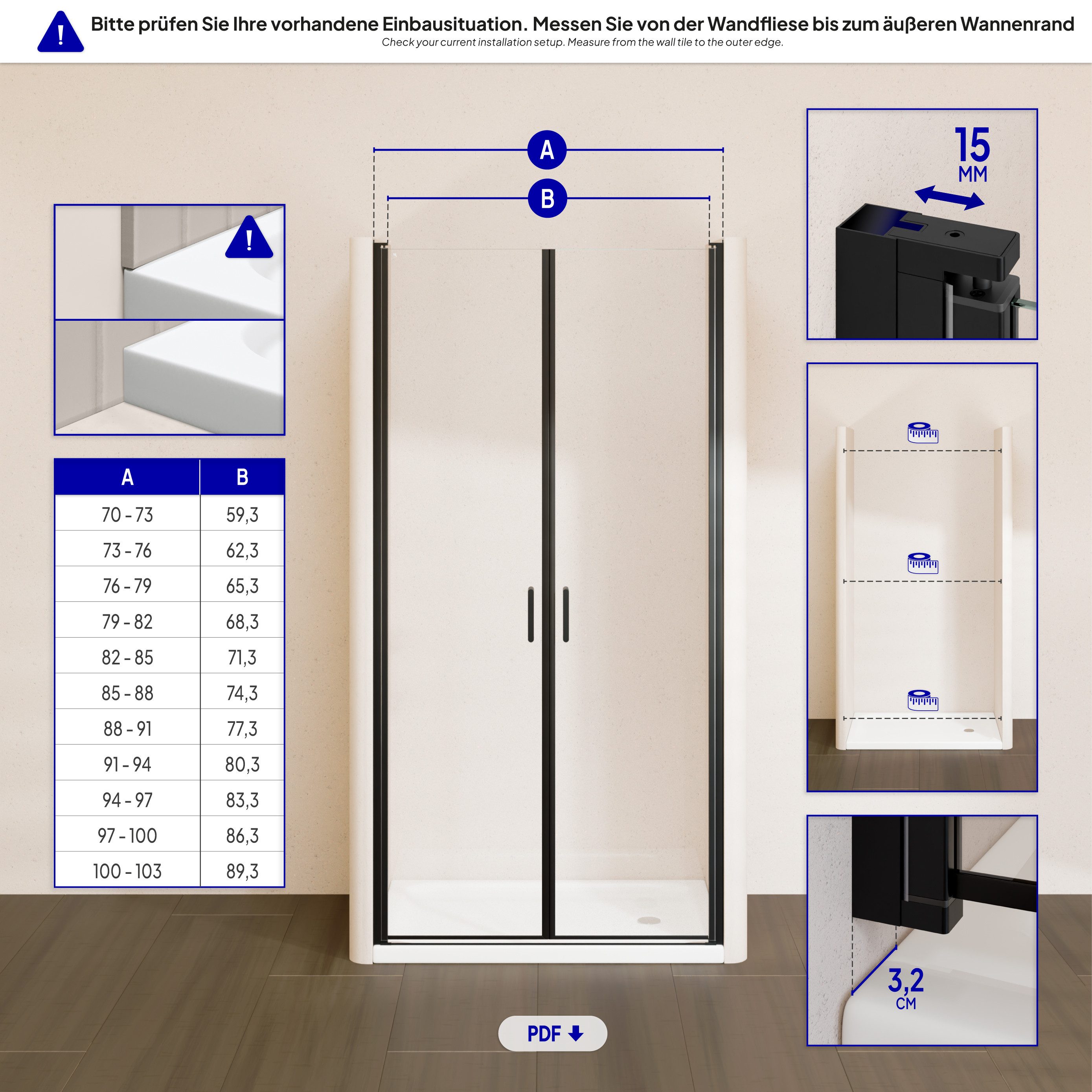 i-flair Dusch-Doppelflügeltür Duschtür 70-73 cm - Höhe: 180 cm, aus durchsichtigem 6 mm ESG, 70x180 cm, Einscheibensicherheitsglas, (ohne Duschtasse, mit hochwertigen Aluminiumprofilen in schwarz) ebenerdiger Einbau möglich, mit Pendeltüren