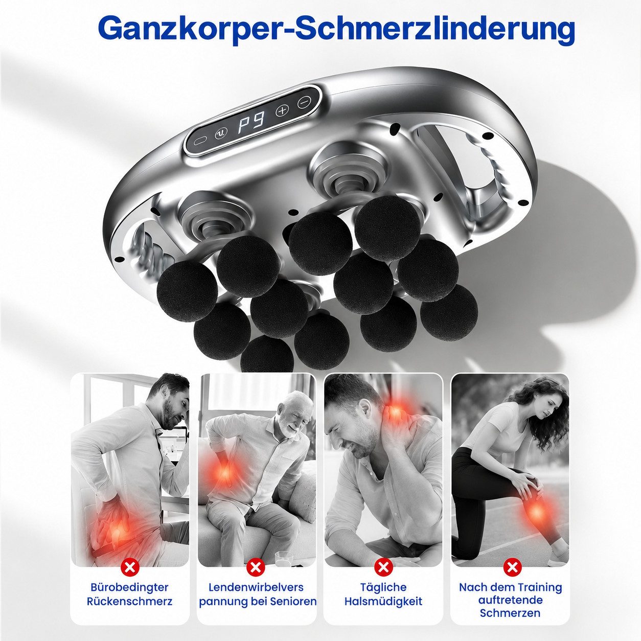 Toomoke Massagegerät Massagegerät, 2-in-1-Nacken-Schulter-Rücken-Massagegerät,9 Modi, Muskelmassagegerät,12 Massageköpfen,6 austauschbare Massageköpfe, Geschenk, Elektrische Massagepistole