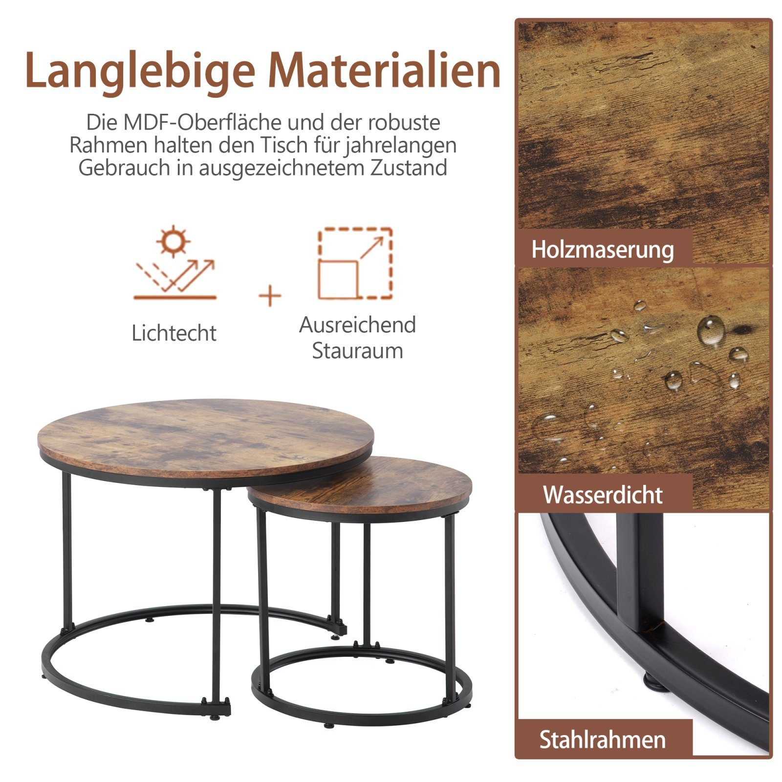 SEEZSSA Couchtisch Couchtisch Geschachtelter 2 Runder Wohnzimmer Marmor Kaffeetische Beistelltisch, Braun Couchtisch Satztisch