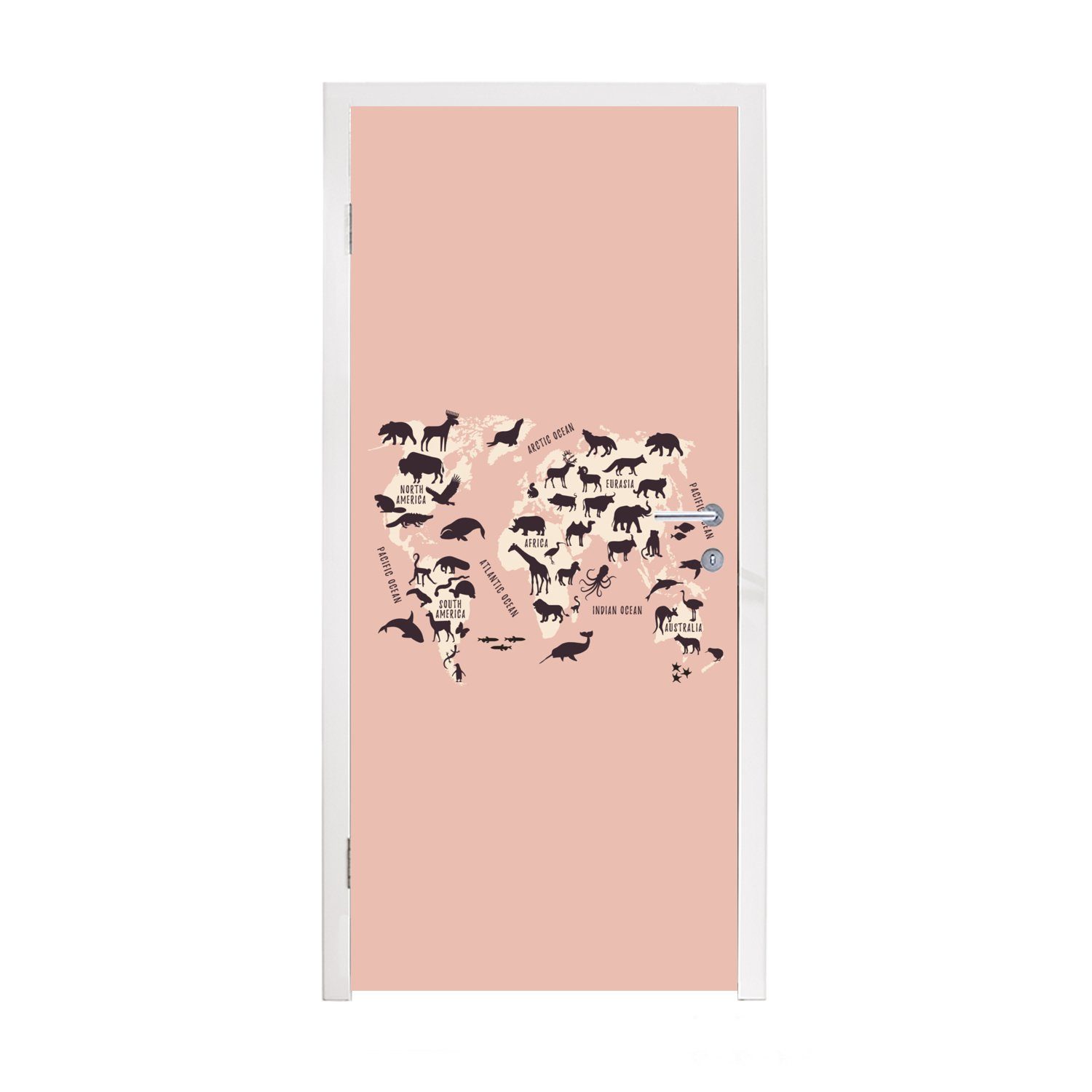 MuchoWow Türtapete Weltkarte - Tiere Tür, Türaufkleber, Fototapete - cm bedruckt, für Matt, (1 St), Scherenschnitt, 75x205