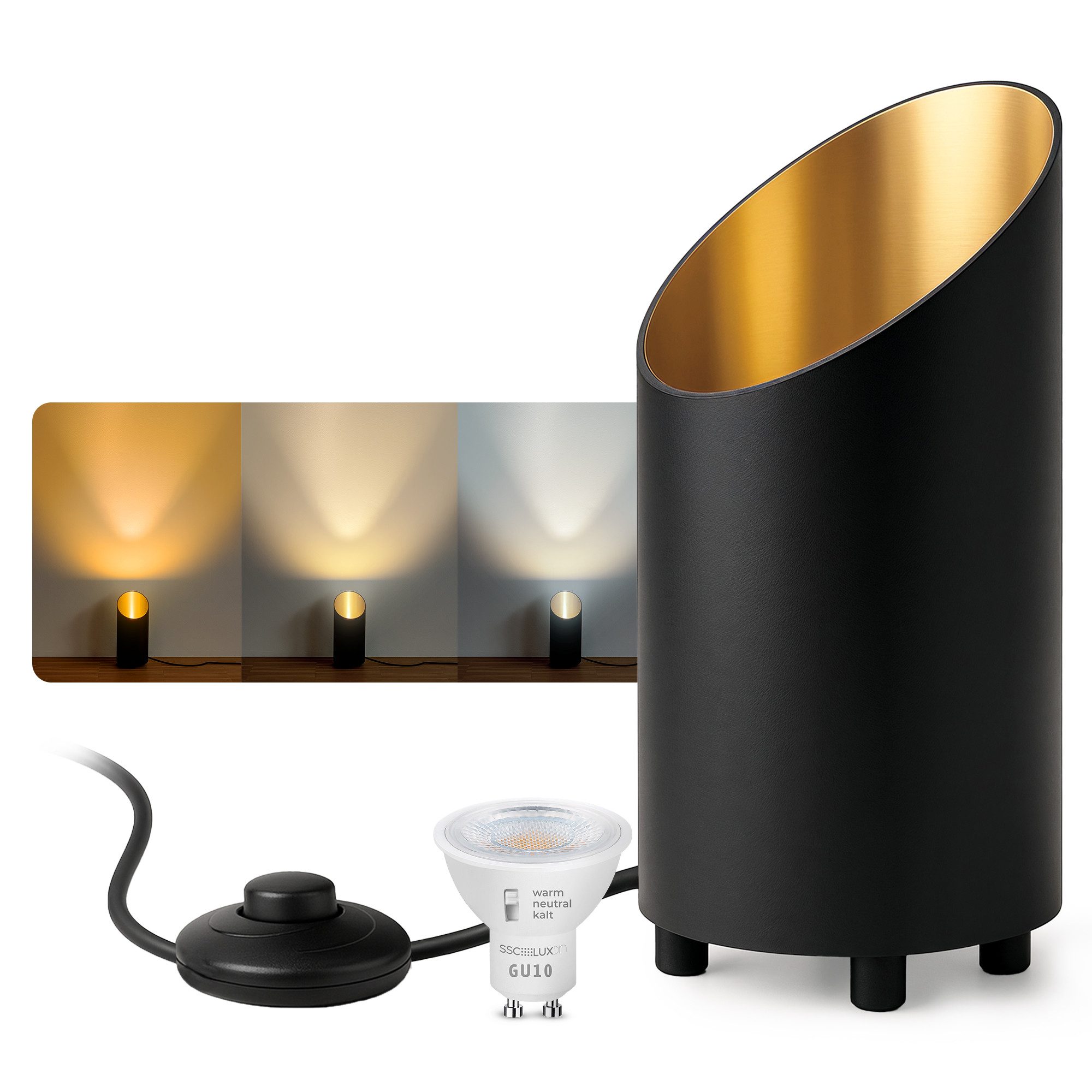 SSC-LUXon LED Spiegelleuchte Tischlampe AUREVA Bodenlampe LumiFLEX GU10 6W Birne 3in1 Lichtfarben, Warmweiß bis Tageslicht