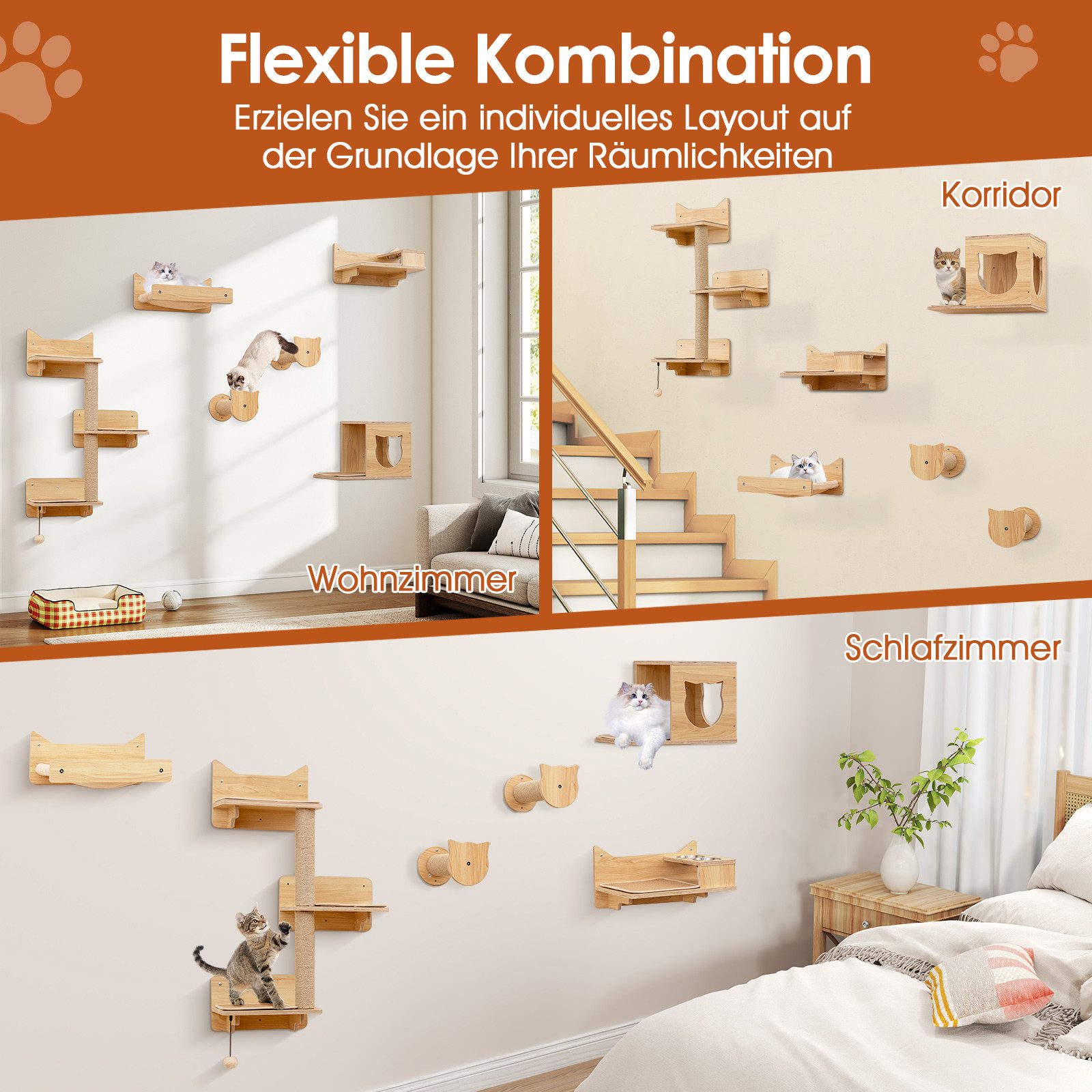 COSTWAY Kratzbaum, 6 tlg. Kletterwand, Katzenbaum, Katzenhaus, Hängematte