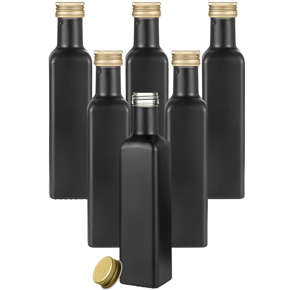 Ölspender Ölflaschen 250 ml matt schwarz mit Deckel & Etiketten, 6 Stück