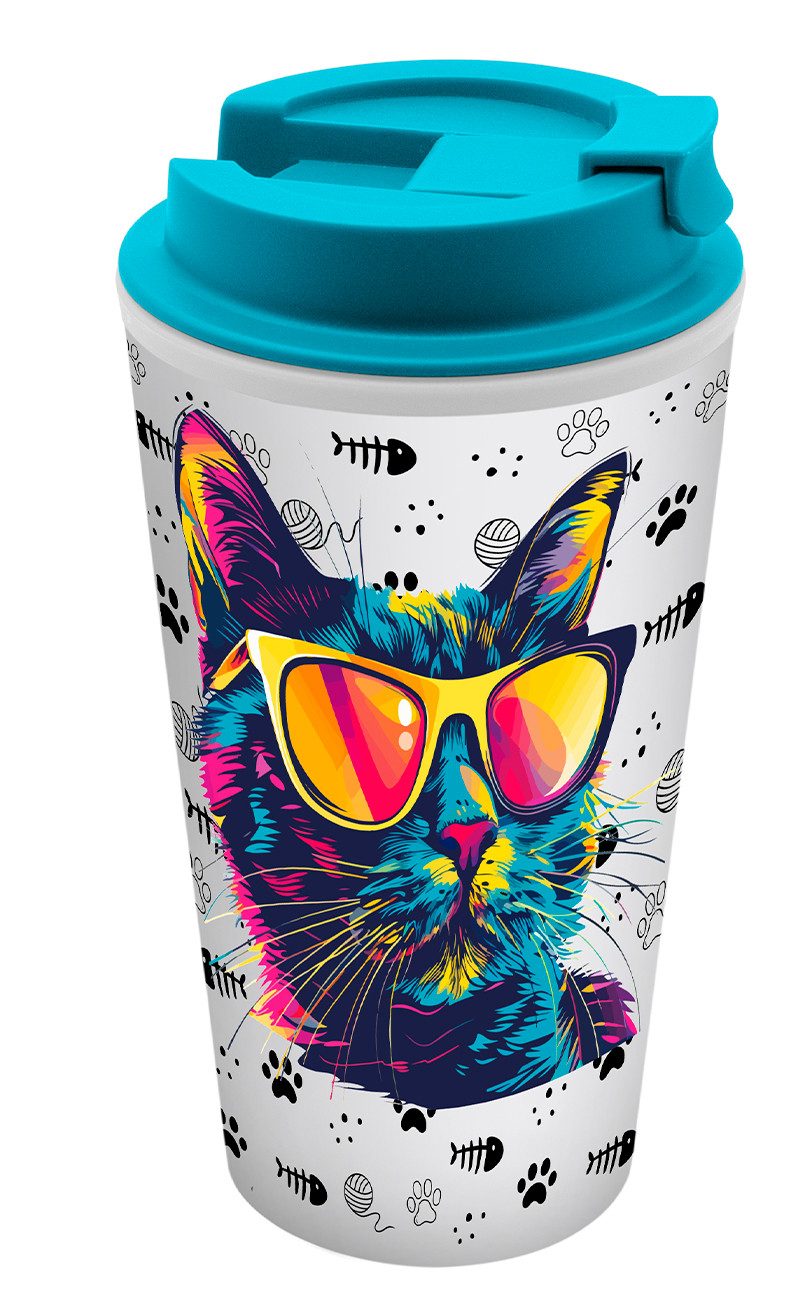 Geda Labels GmbH Coffee-to-go-Becher Cool Cat, 1-tlg., PP, Türkis, 400ml, doppelwandig