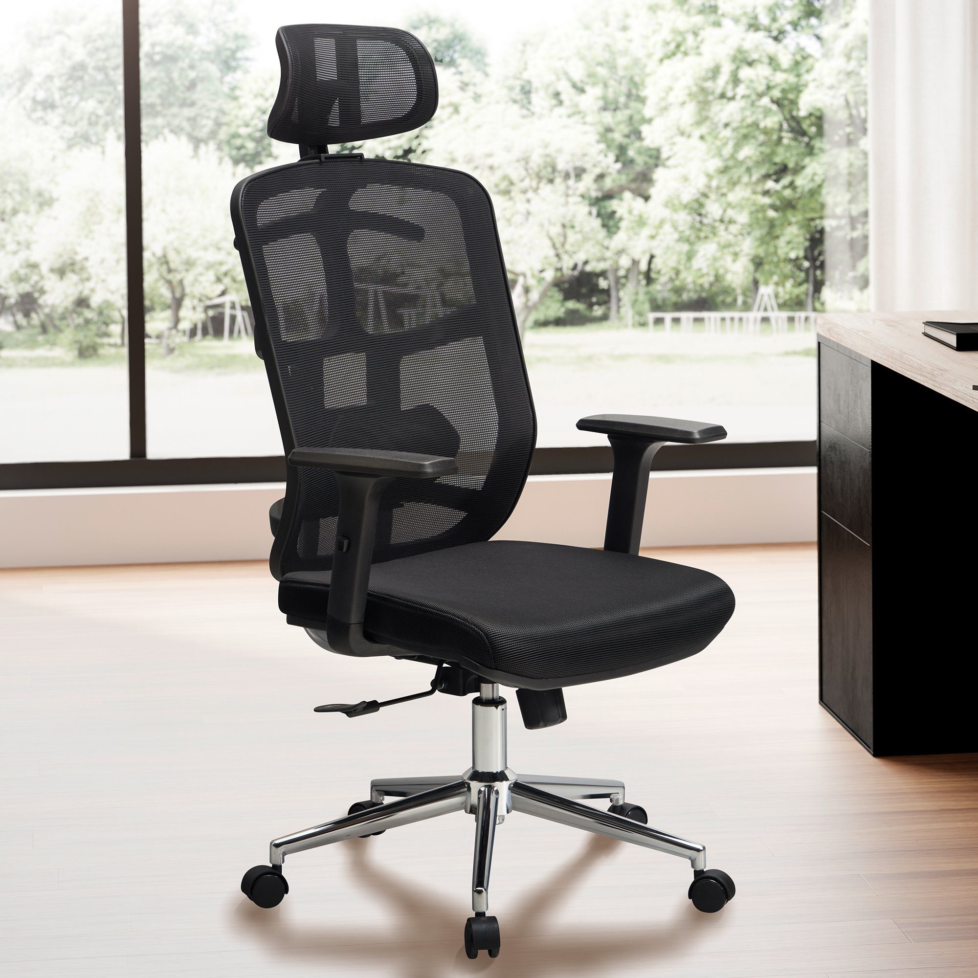 FINEBUY Drehstuhl Bürostuhl Schreibtischstuhl Mesh Schwarz Ergonomisch 120 kg (Bürostuhl Schwarz Mesh-Bezug, Schreibtischstuhl), Chefsessel mit Lendenwirbelstütze, Stuhl Büro