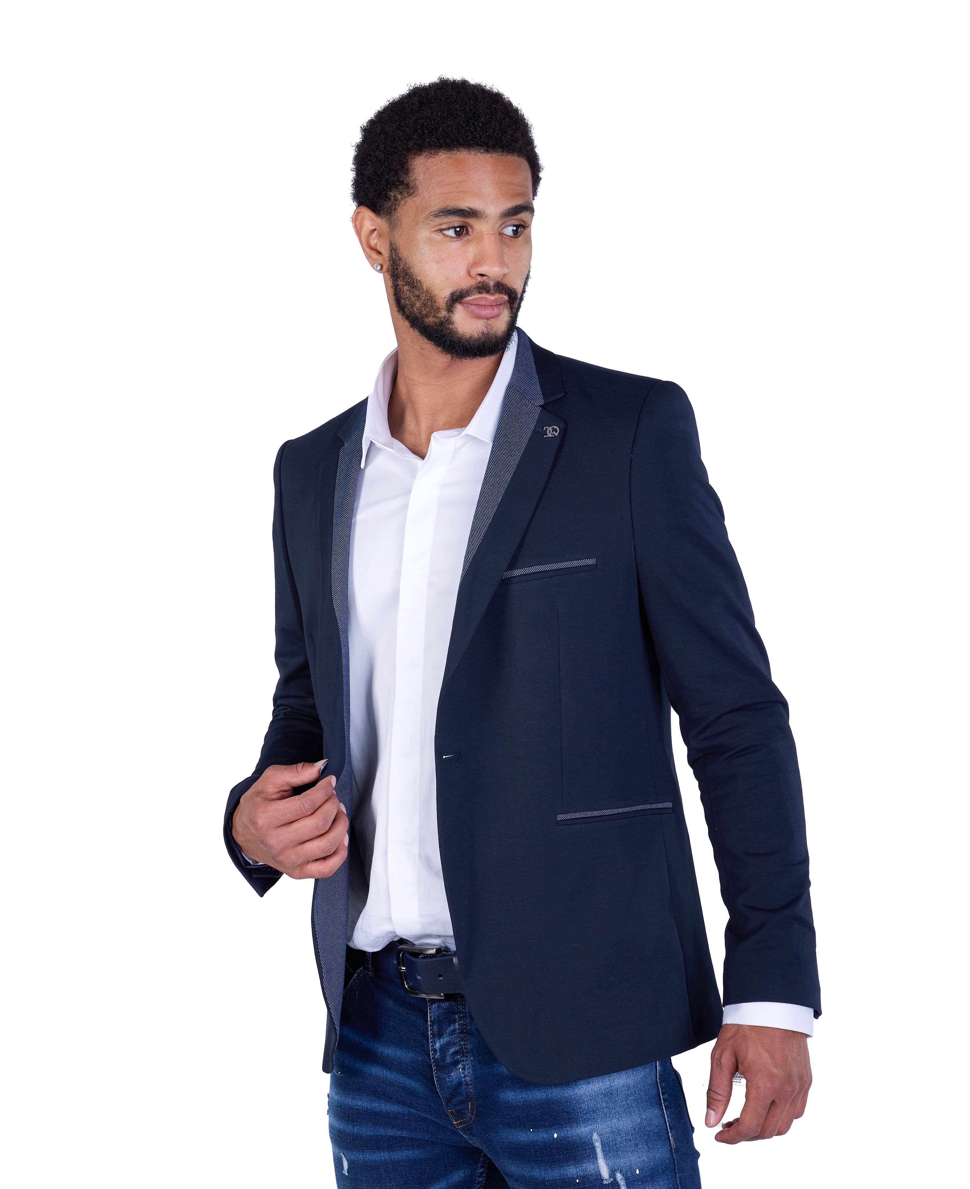 Denim Distriqt Jerseysakko Sportliches Jersey Sakko mit Jeanskragen Navy Gr günstig online kaufen