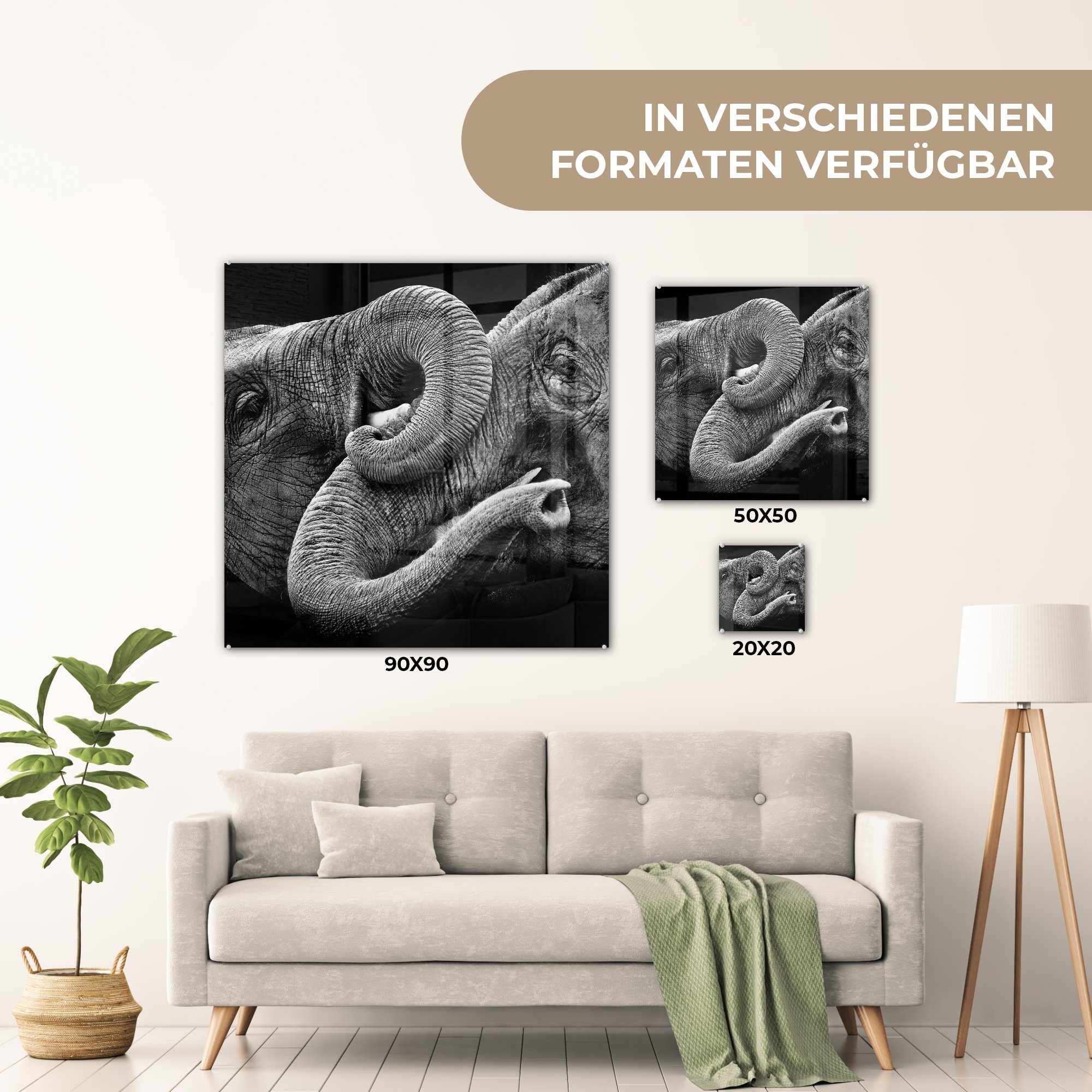 Elefanten Wanddekoration Glas - Wandbild MuchoWow auf Foto Schwarz von schwarzem auf Glas - Glasbilder Hintergrund - in Acrylglasbild Umarmung (1 St), Weiß, und auf Bilder