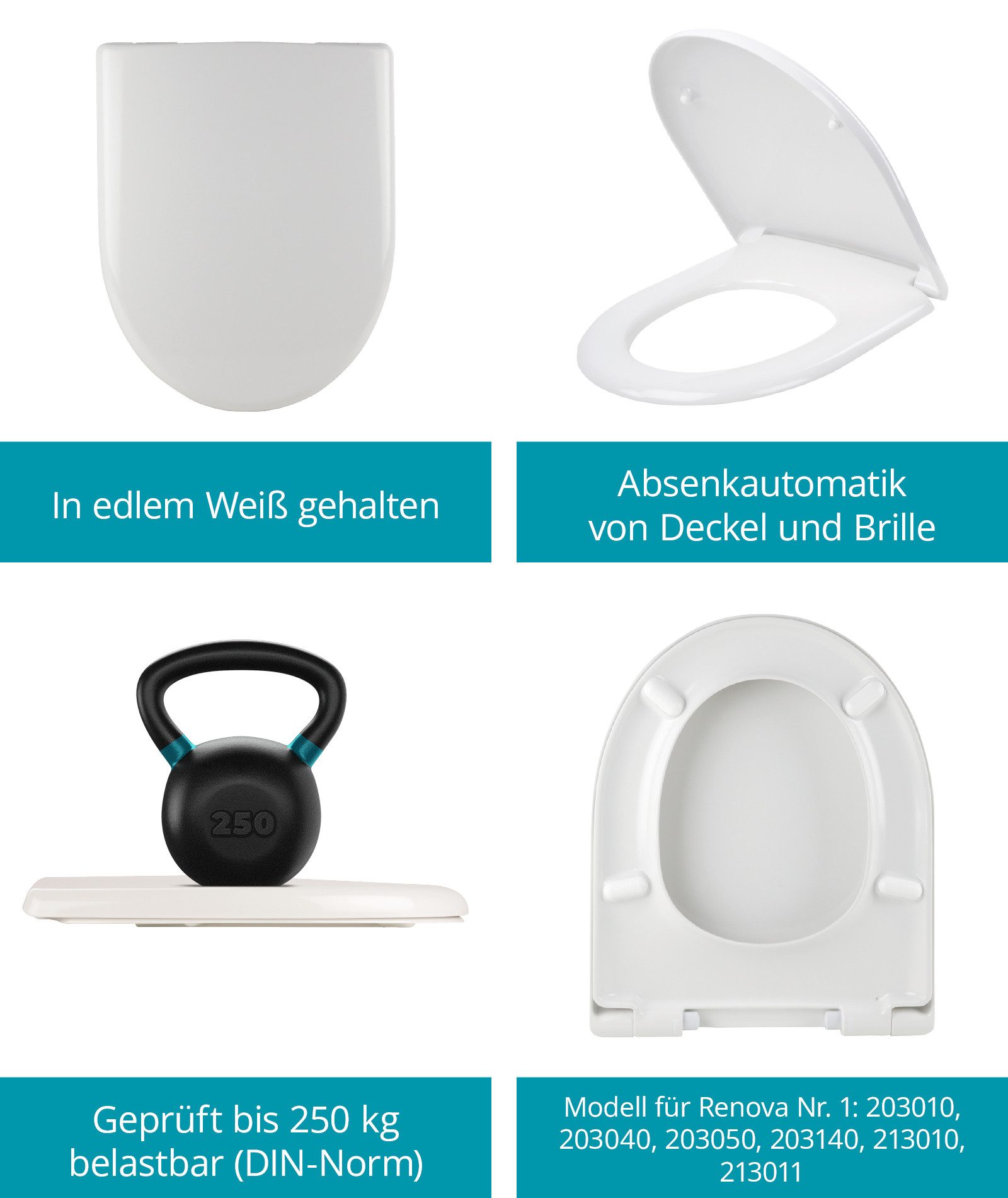 Calmwaters WC-Sitz Renova Nr. 1 (Alternative von Calmwaters), Für Keramag Renova Nr.1, Made in EU, Absenkautomatik, D-Form, 26ZZ3550