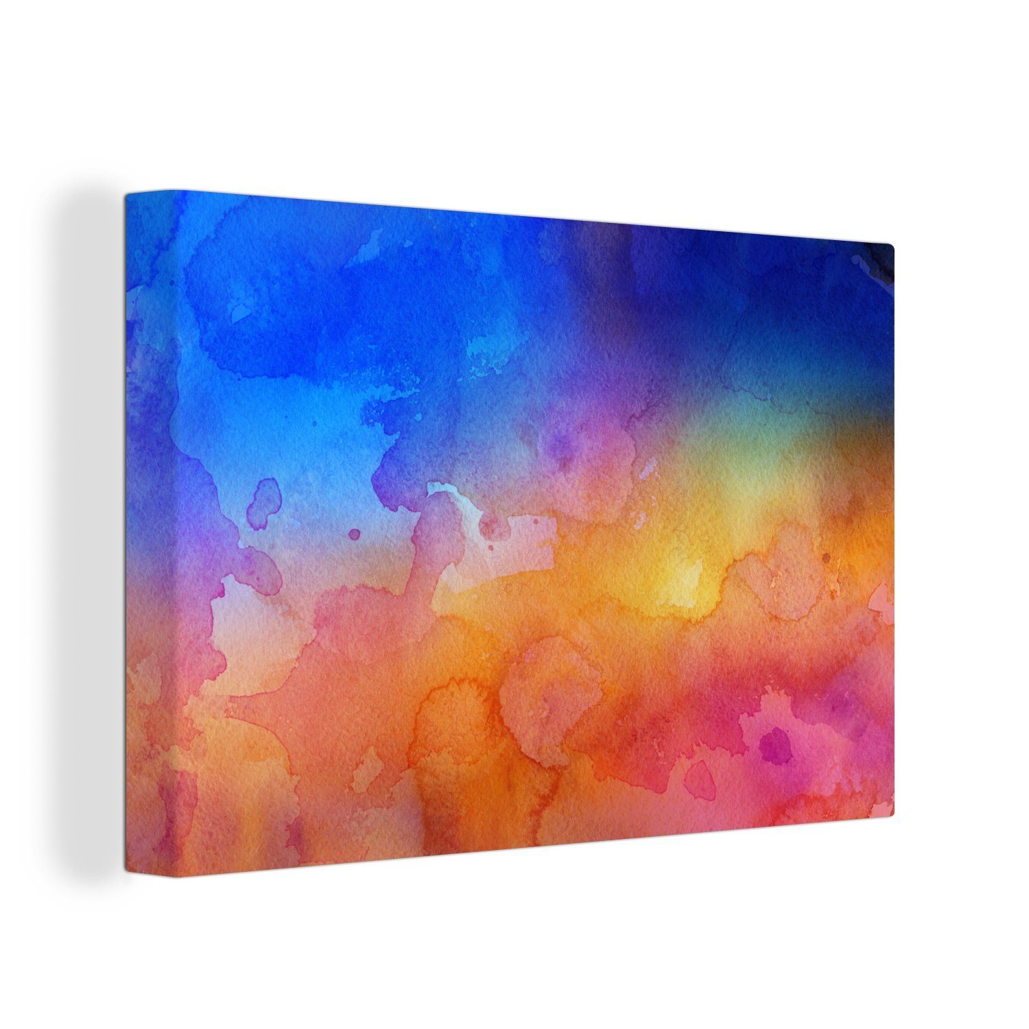 OneMillionCanvasses® Leinwandbild Wasserfarben - Gelb - Blau - Orange, (1 St), Wandbild Leinwandbilder, Aufhängefertig, Wanddeko, 30x20 cm