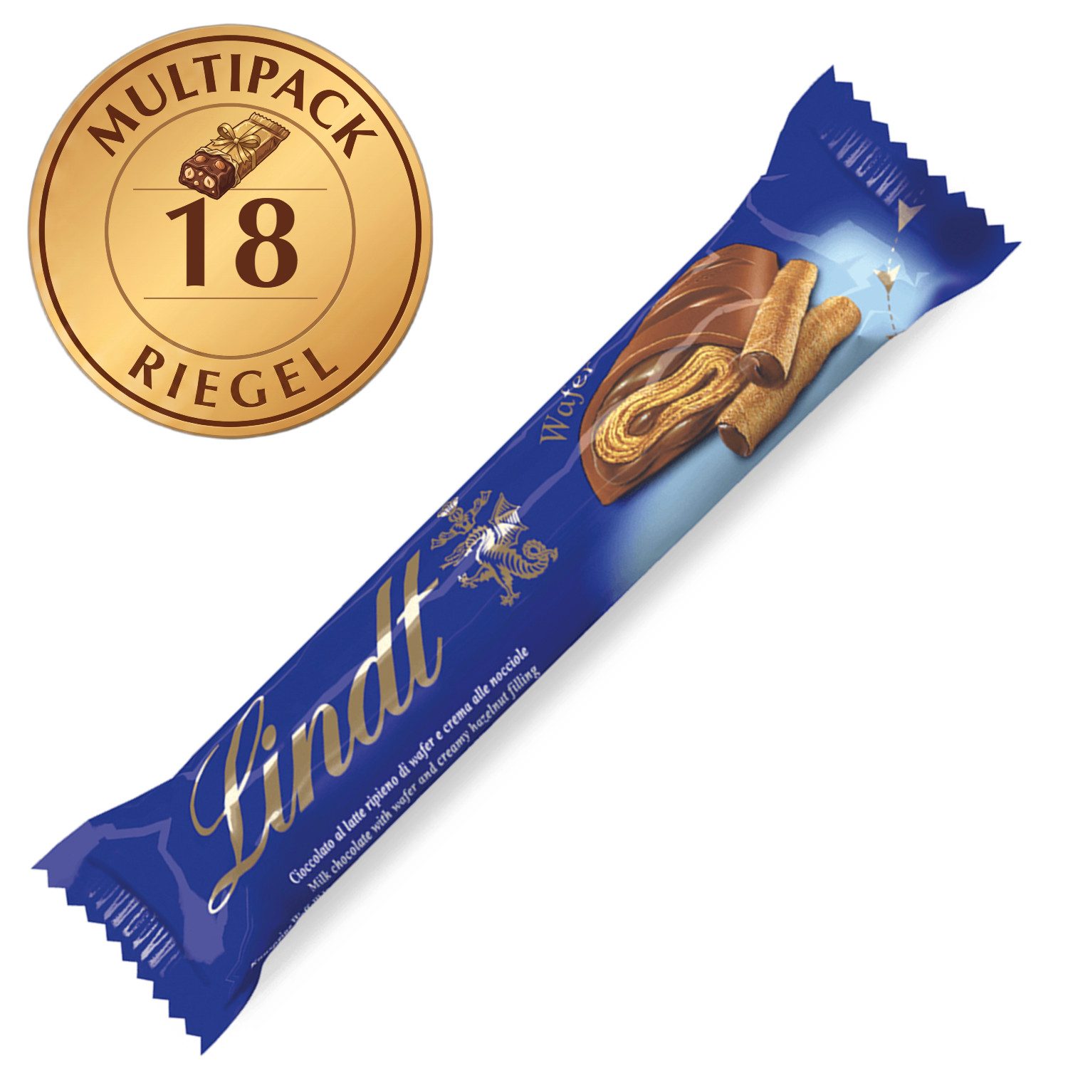 LINDT Schokolade 18x 35g Waffel Riegel Vollmilch Schokolade Schokoriegel Display Vorrat, 1 x 630 g, 18 St.