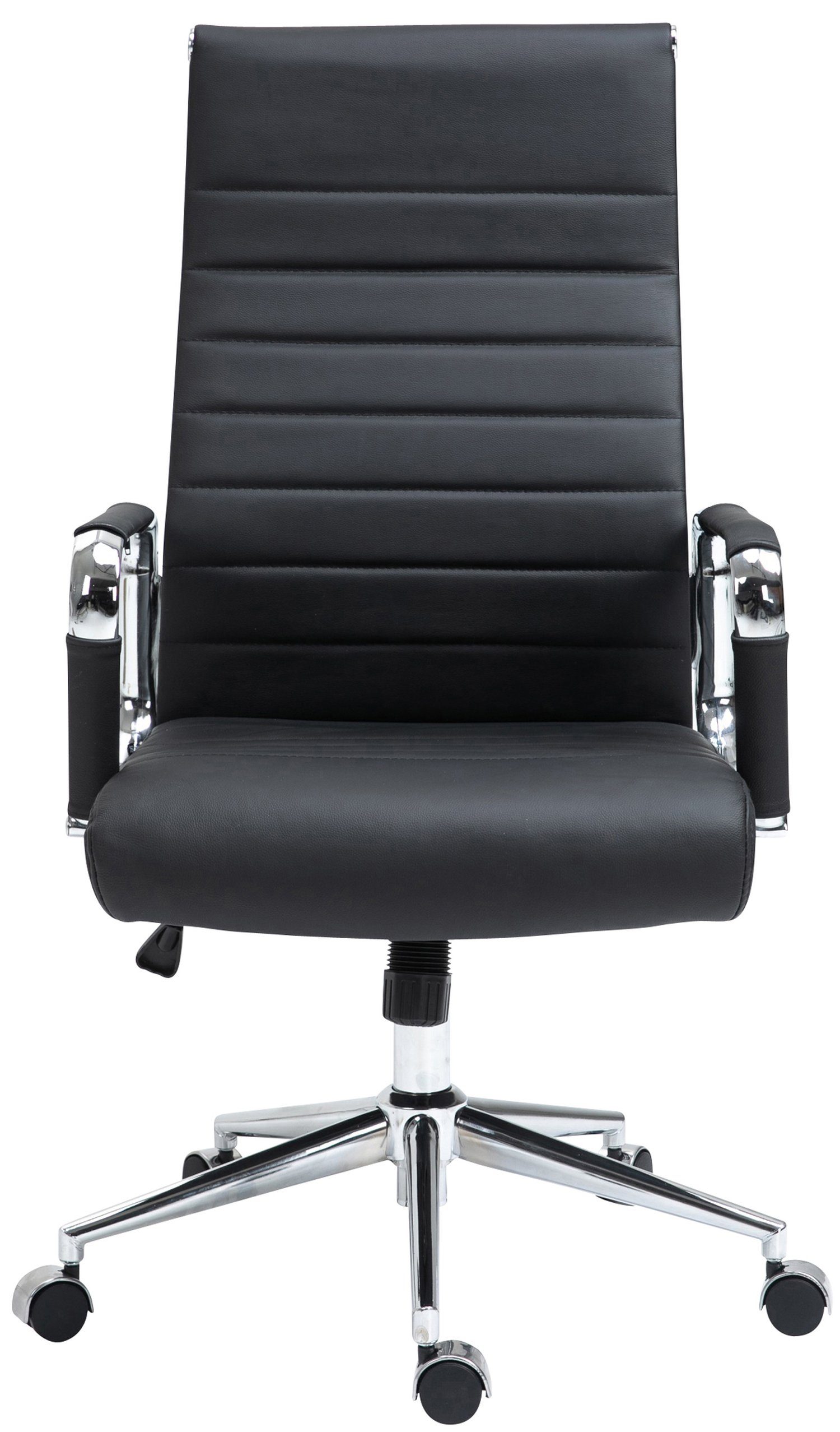 Gestell: Chefsessel, Metall mit Rückenlehne (Schreibtischstuhl, Bürostuhl - bequemer Sitz: 360° Drehstuhl, Bürostuhl TPFLiving und Koro höhenverstellbar - chrom XXL), Echtleder drehbar schwarz