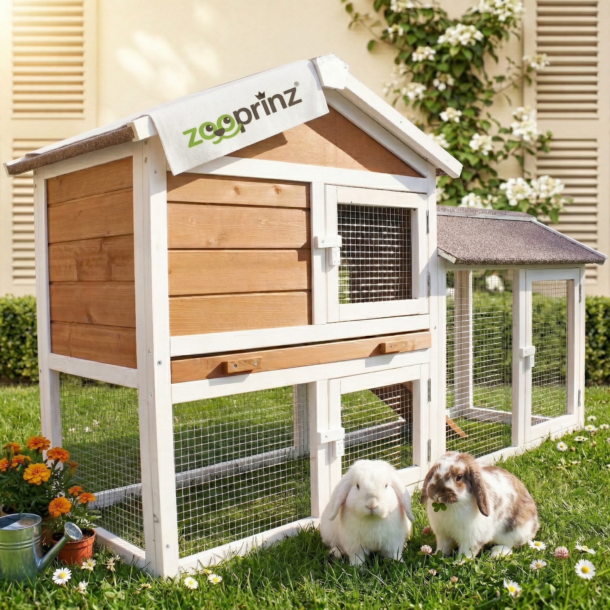 Zooprinz Kleintierstall Hofstadl mit Auslauf 146x86x50 cm (BxHxT), Metall Kotschublade, Lasiertes Kiefernholz