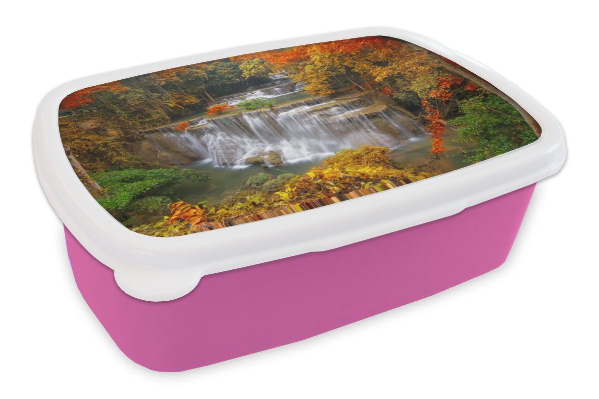 MuchoWow Lunchbox Bäume - Wasserfall - Herbst, Kunststoff, (2-tlg), Brotbox für Erwachsene, Brotdose Kinder, Snackbox, Mädchen, Kunststoff rosa | Lunchboxen