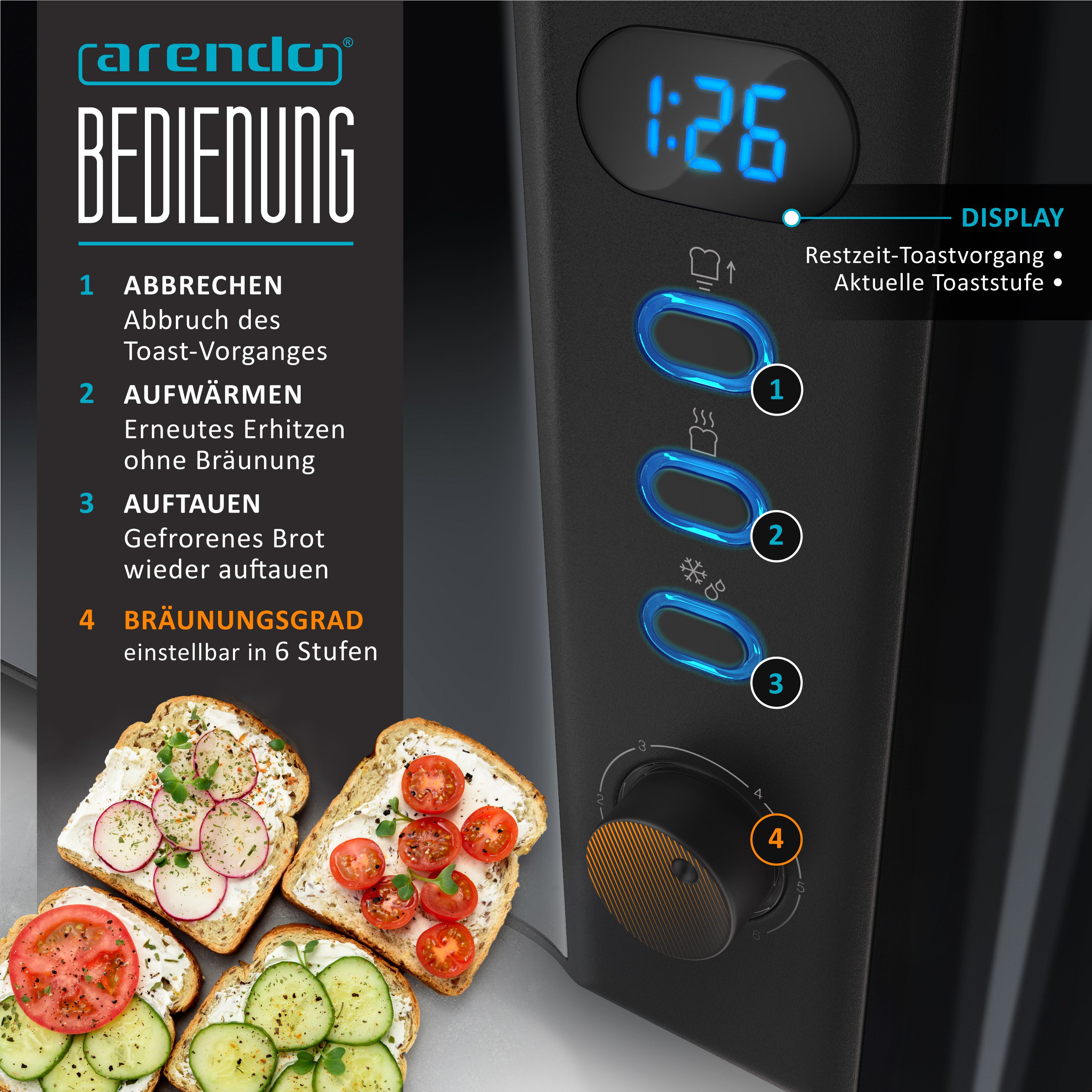 Arendo Toaster Edelstahl, Langschlitz, Display mit Restzeitanzeige, Krümelschublade, 2 lange Schlitze, für 4 Scheiben, 1500 W, Defrost Funktion, Wärmeisolierendes Gehäuse, mit Brötchenaufsatz