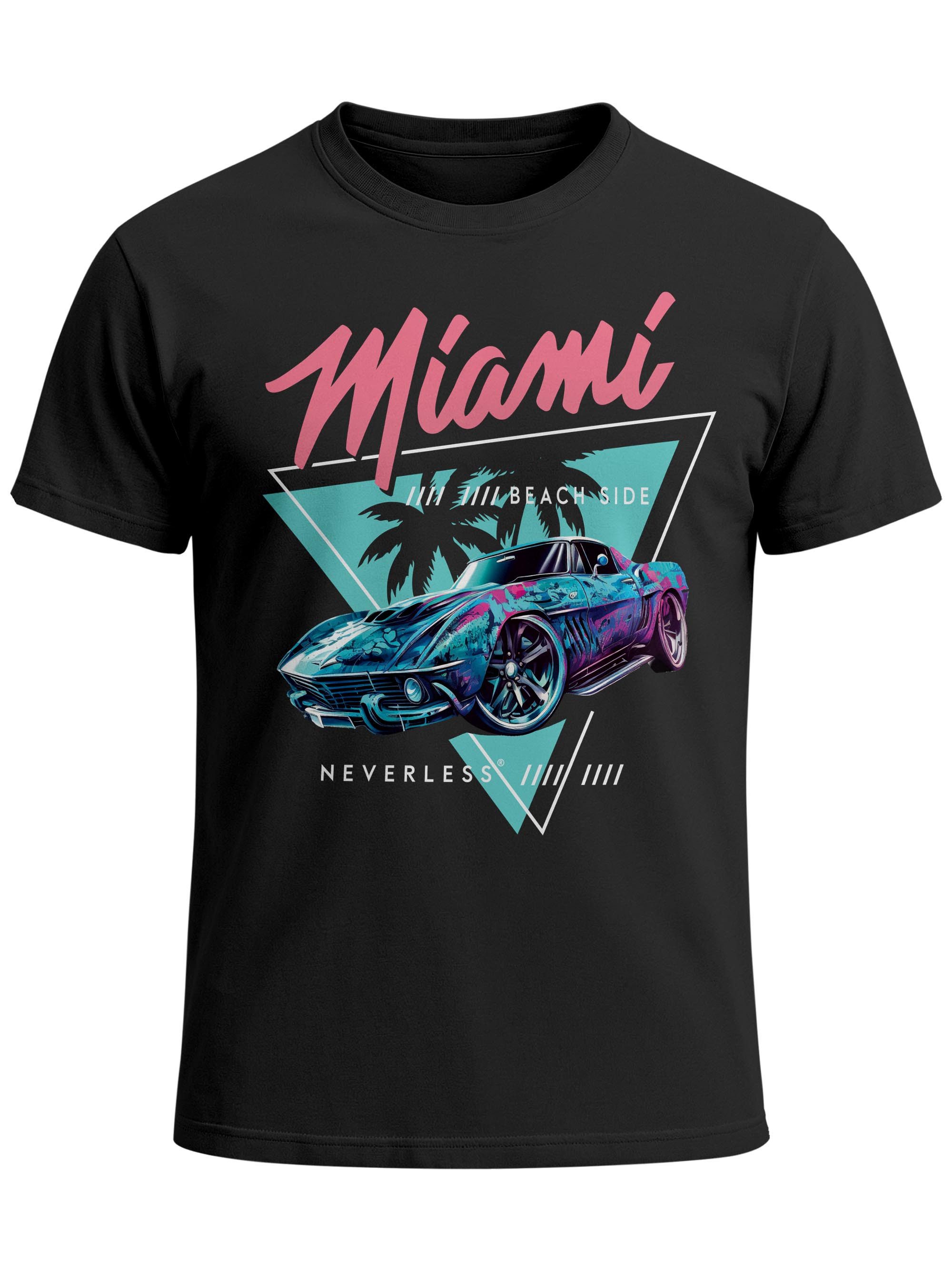 Neverless Print-Shirt Herren T-Shirt Bedruckt Miami Beach Surfing Motiv USA Retro Automobil mit Print