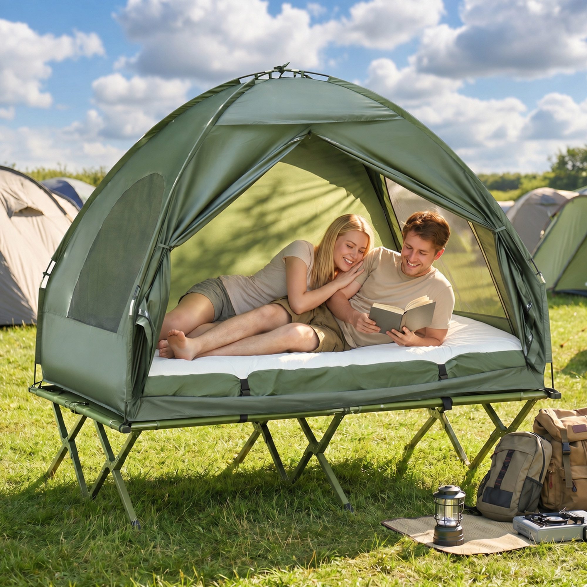 Outsunny Faltzelt Gästebett bis 160 kg Extra Breit Klappbett Campingliege, Personen: 2 (Kuppelzelt, 1 tlg., Campingbett), für Garten, Balkon, Grün