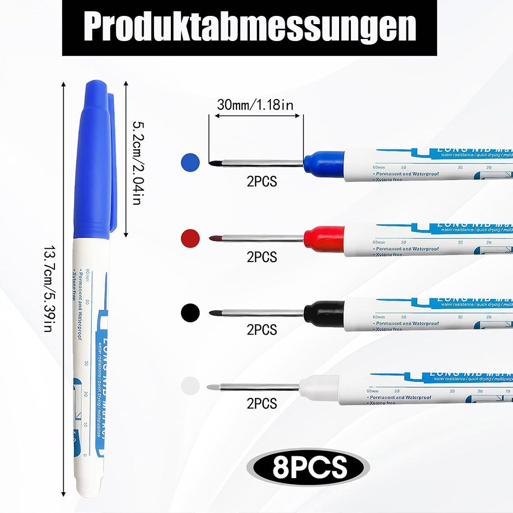 TUWENA Marker 8 Stück Tieflochmarker, 30mm Extralange Spitze Bohrlochmarkierungen, (8-tlg), Markierungsstift für Holz, Kunststoff, Wand, Metall, Baustellen Stift