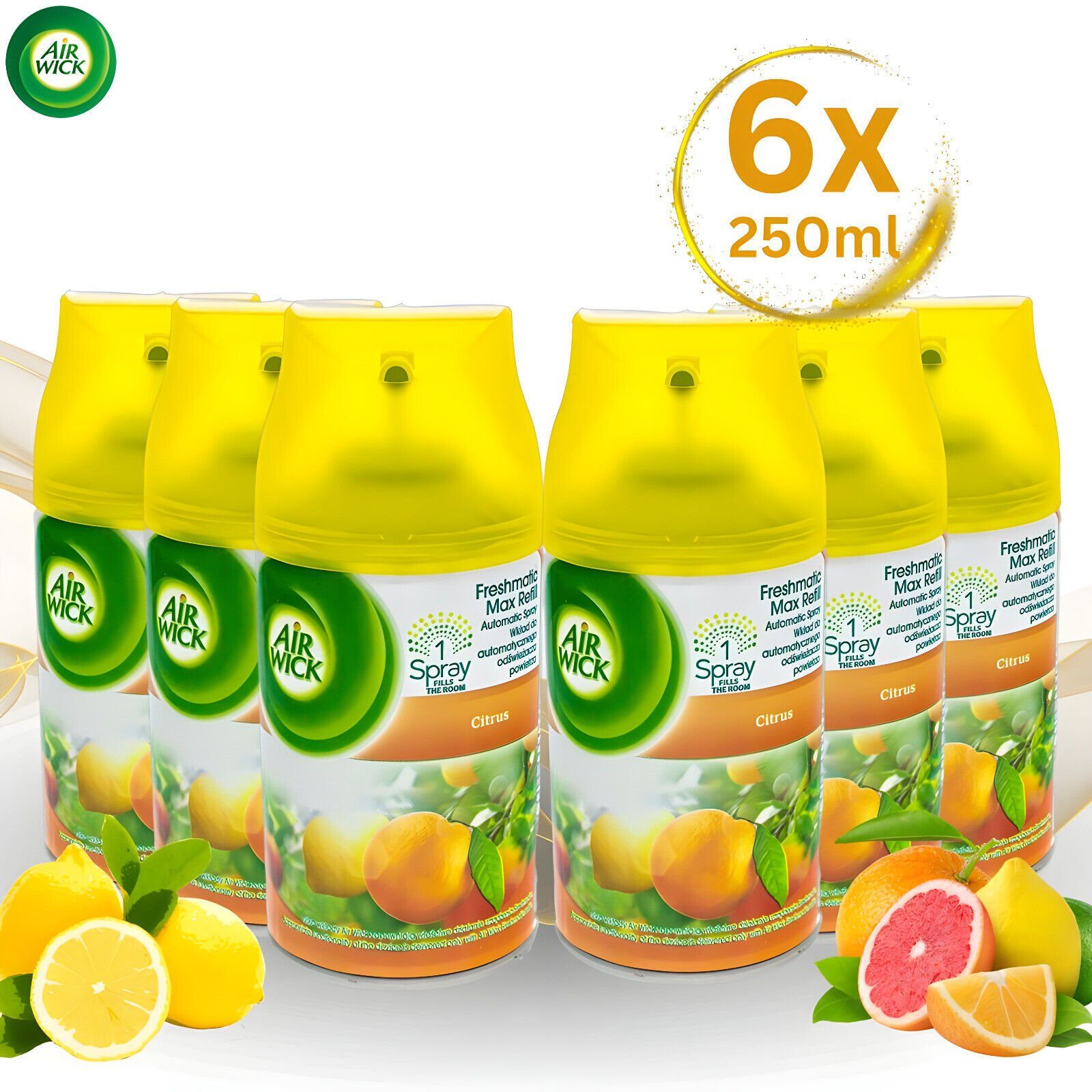 Air Wick Raumduft-Nachfüllflasche Nachfüller Sparkling Citrus Für  Automatische Duftspender (Sparpack, 6x 250ml), 70 Tage pro Dose
