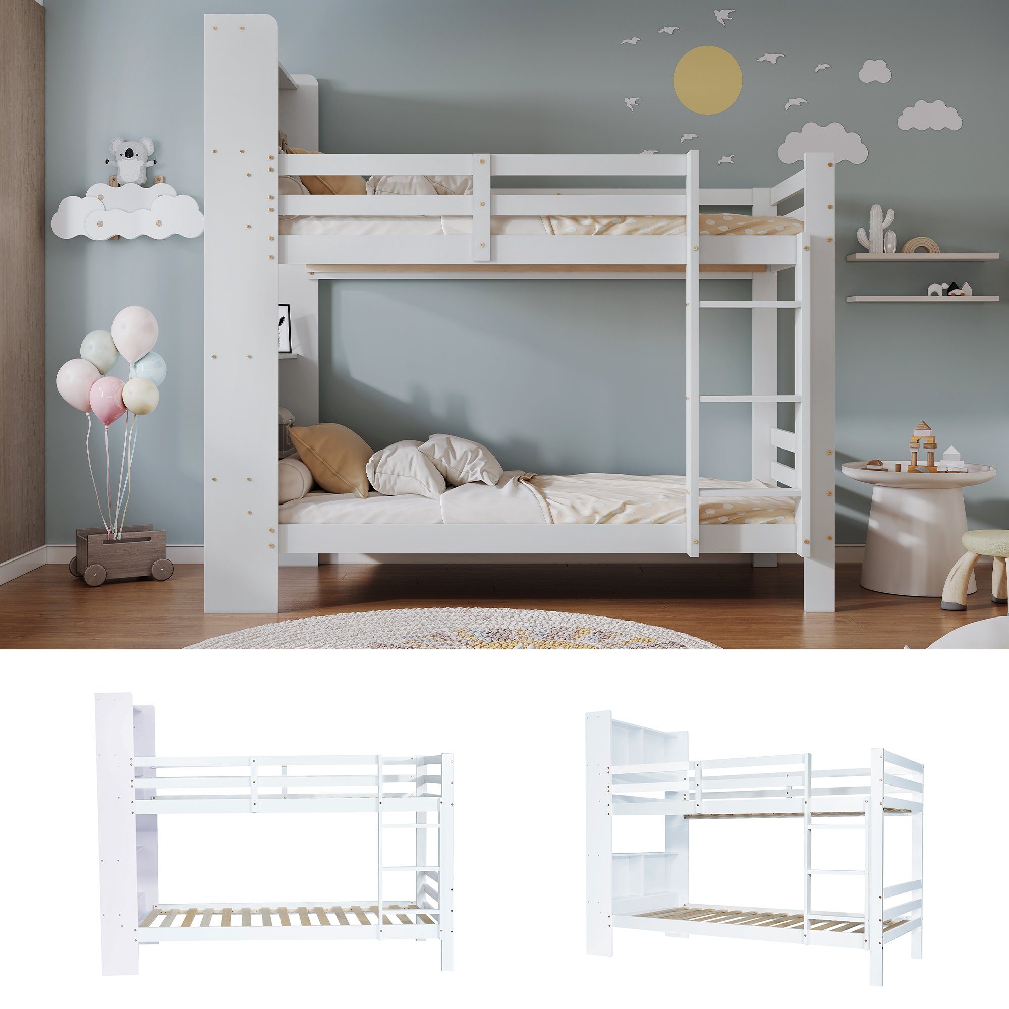 Etagenbett Kinderbett Ulife dreistufiger,Stauraum-Holzbett Regalen mit und