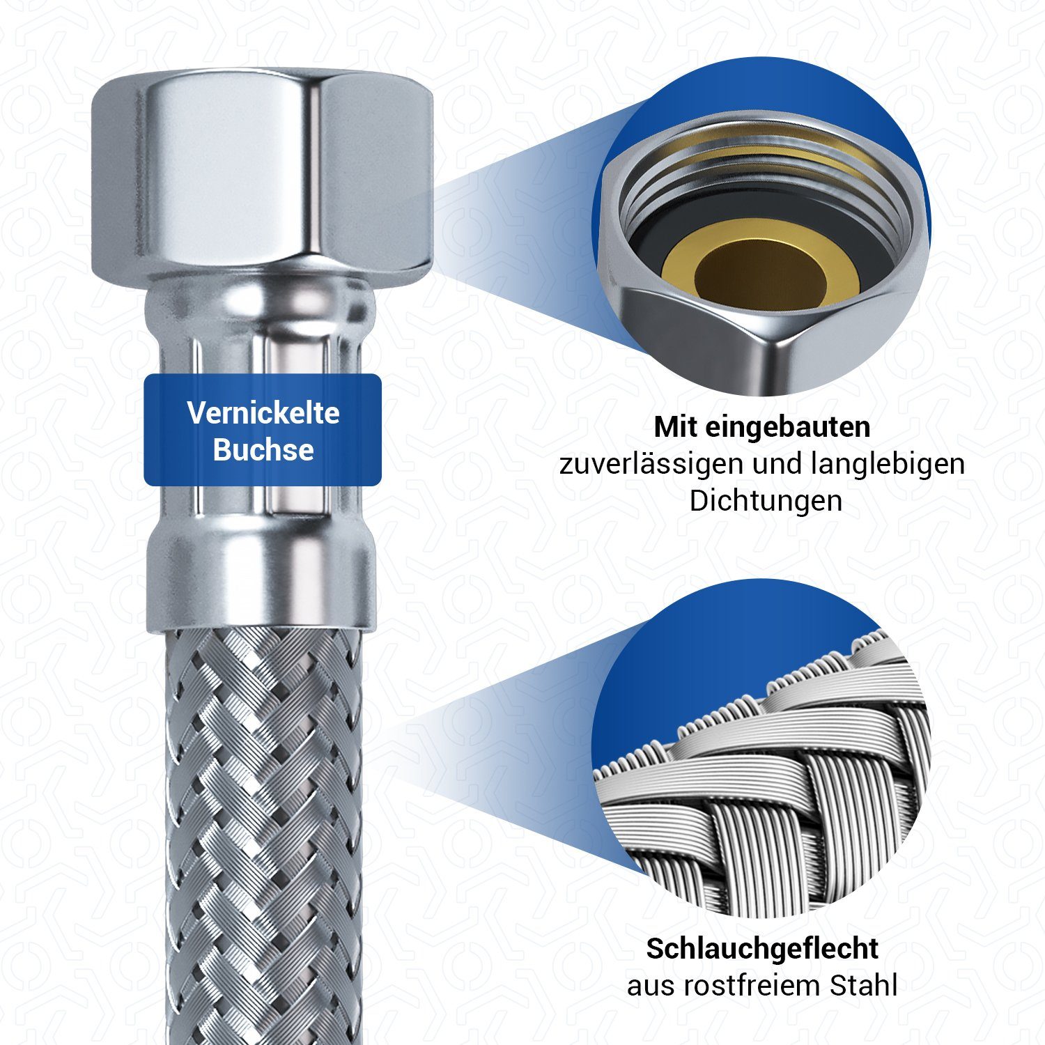 VIOKS Flexschlauch Panzerschlauch 3/8 Zoll ÜM x M10, mit Dichtung 30 bis 300 cm für Sanitär – Bild 4 von 5